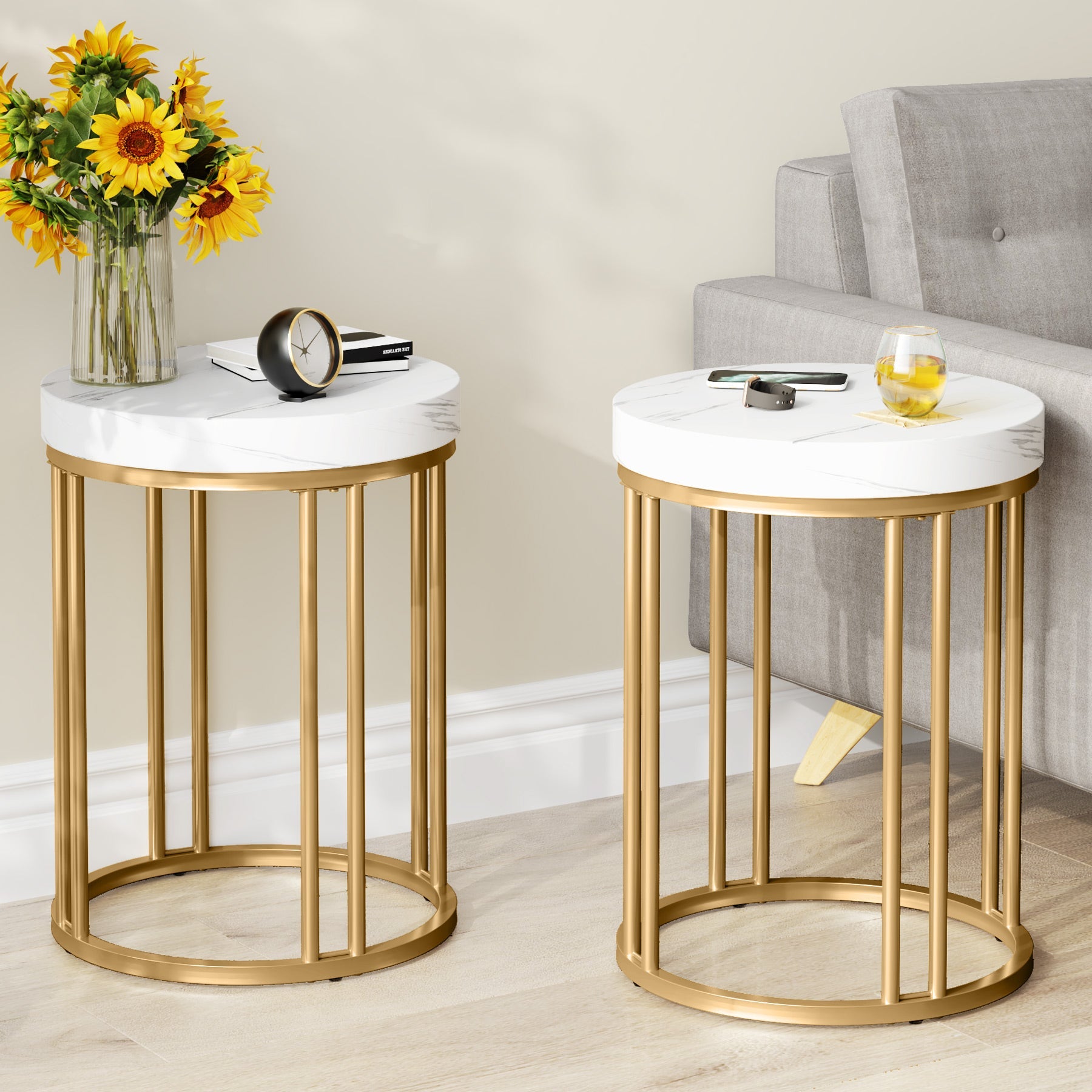 Round End Table, Small Accent Side Table with Metal Frame