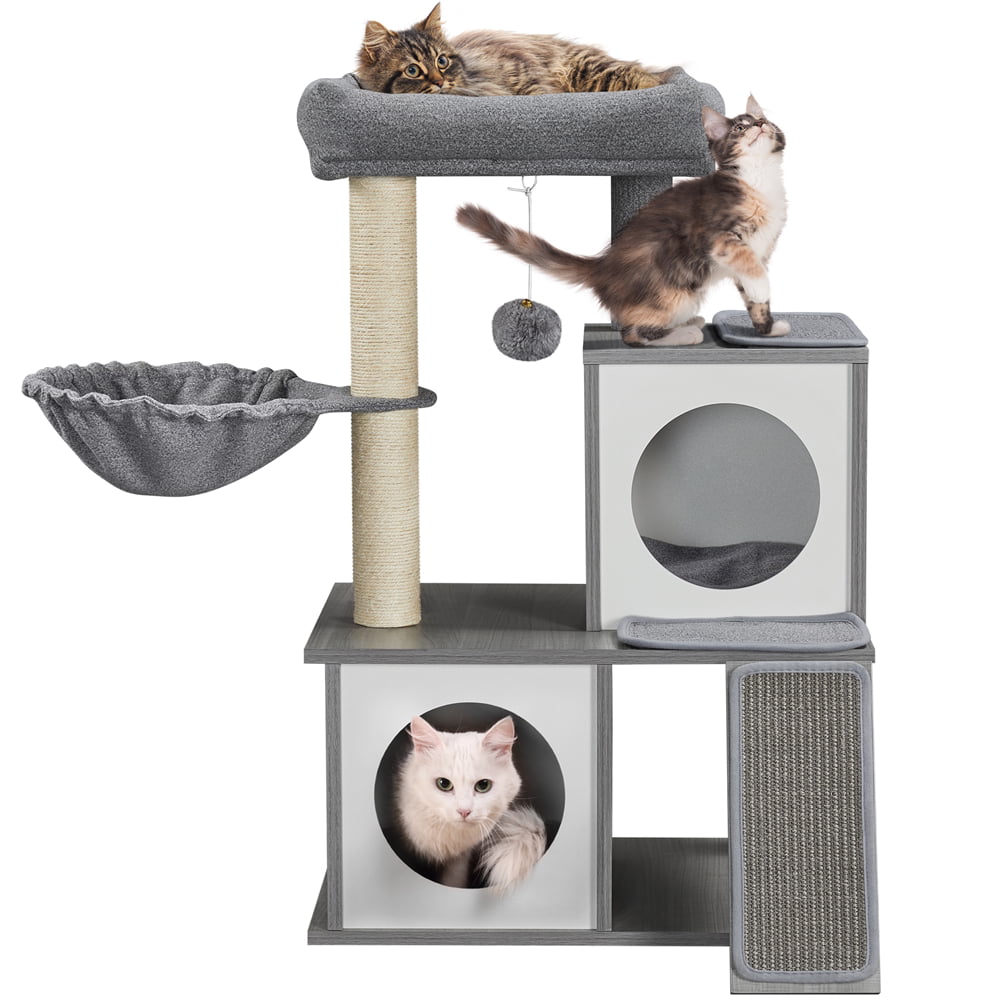 Yaheetech 35'' Multilevel Cat Tree Fabric Felt Cloth Medium Cat Tower with Two Condos Perch Scratching Posts Basket， Light Gray