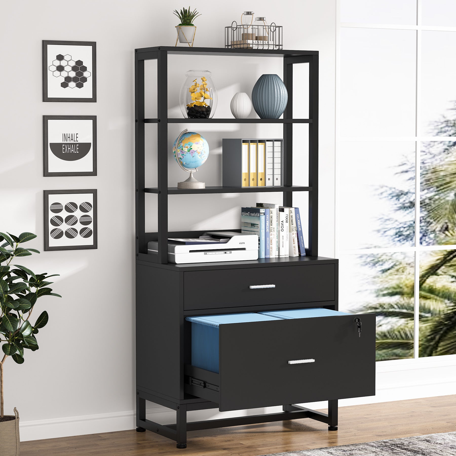 Vertical File Cabinet, 2 Drawers Filing Cabinet with Open Shelves