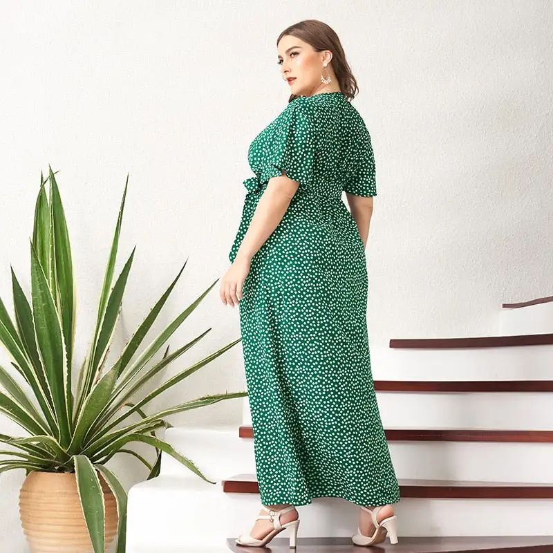 MAI&FUN 2021 New Summer Maxi Dress Women Green Floral Sashes Belt Split Flared Short Sleeve V-neck Boho Holiday Robes Plus Size