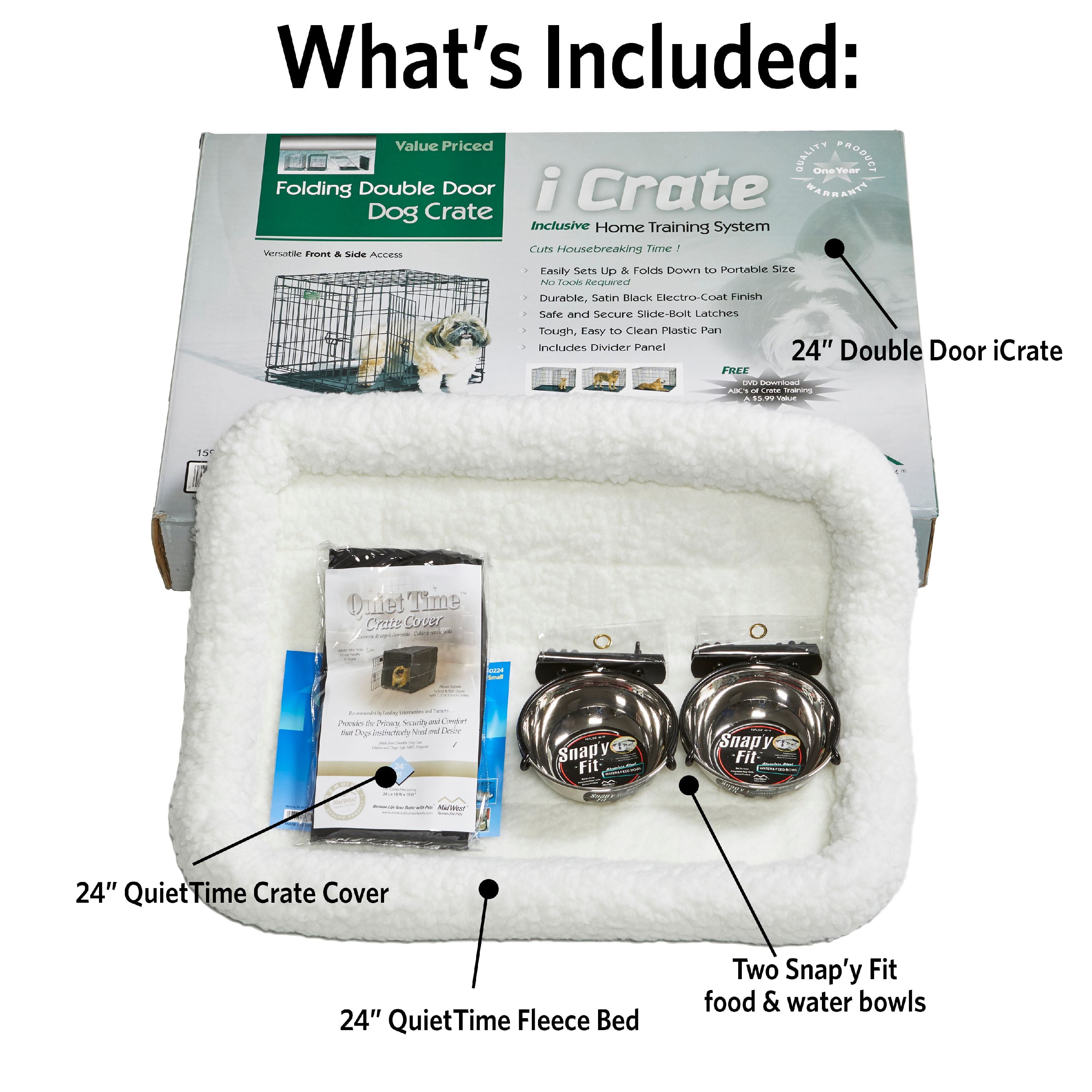 MidWest Homes For Pets Dog Crate Starter Kit | 1 Double-Door iCrate， 1 Pet Bed， 1Crate Cover and 2 Pet Bowls， Small 24