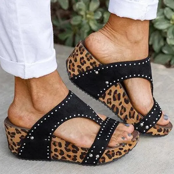 Women Rhinestone Animal Print Wedge Heel Sandals