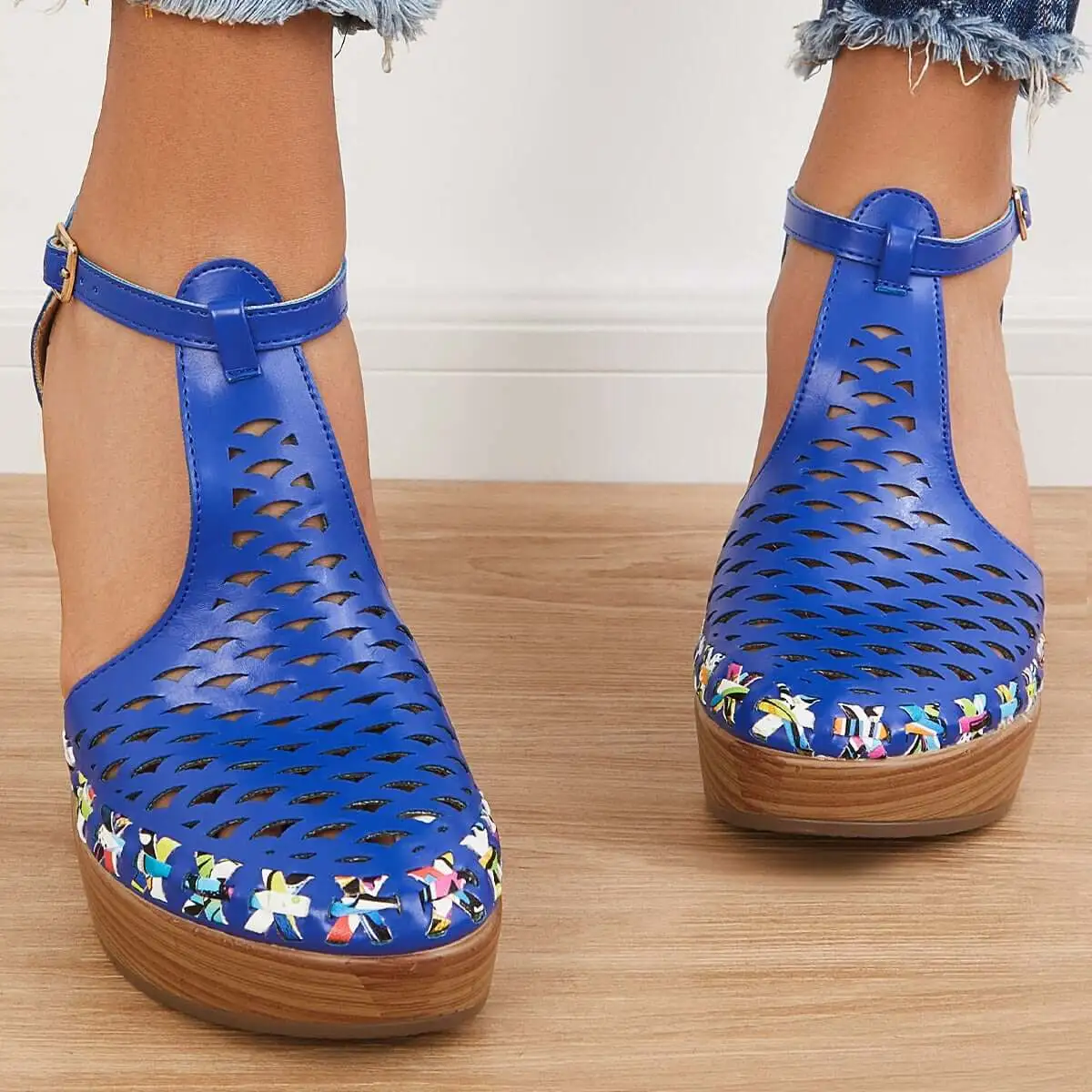 Platform Block Chunky High Heels Ankle T-Strap Cutout Sandals