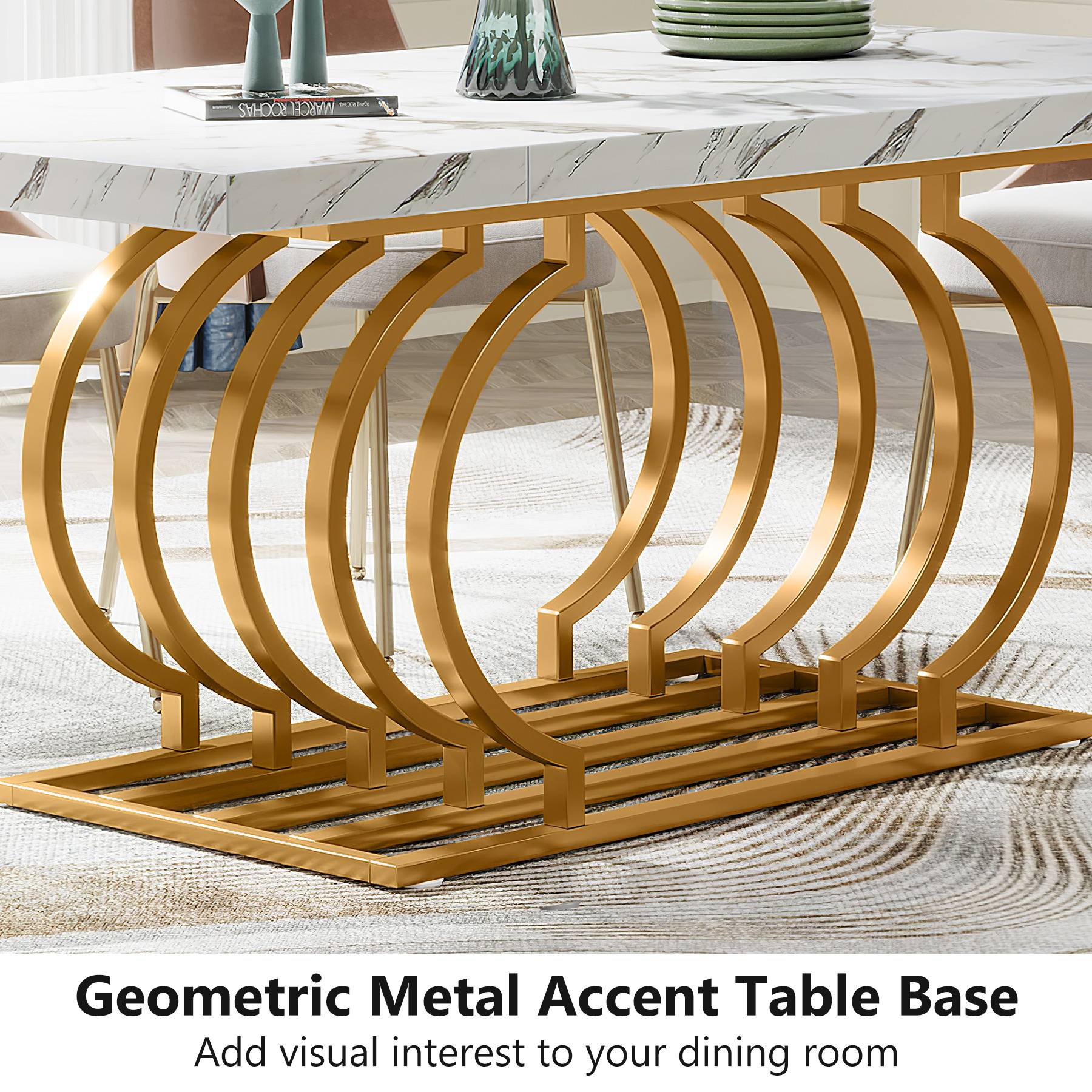 Faux Marble Dining Table, 63 inch Wood Kitchen Table with Geometric Frame