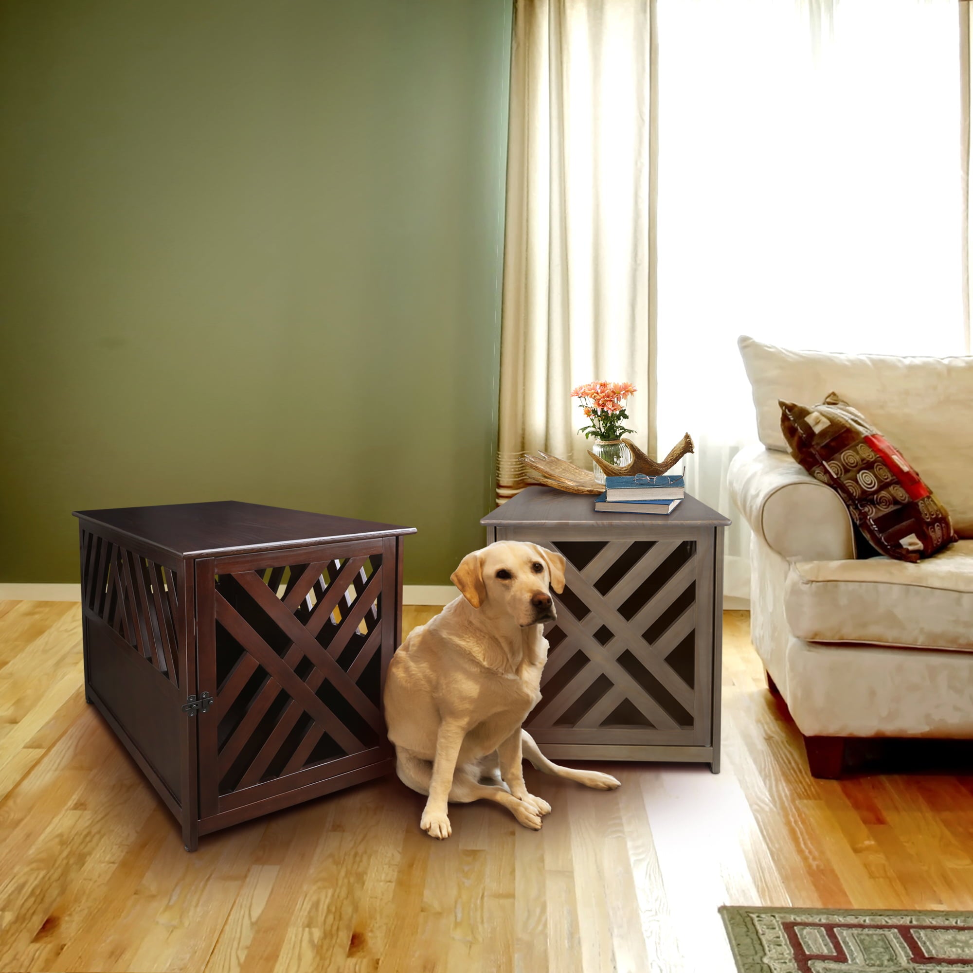 Casual Home Modern Lattice Wooden Pet Crate End Table， Espresso， Medium， 33