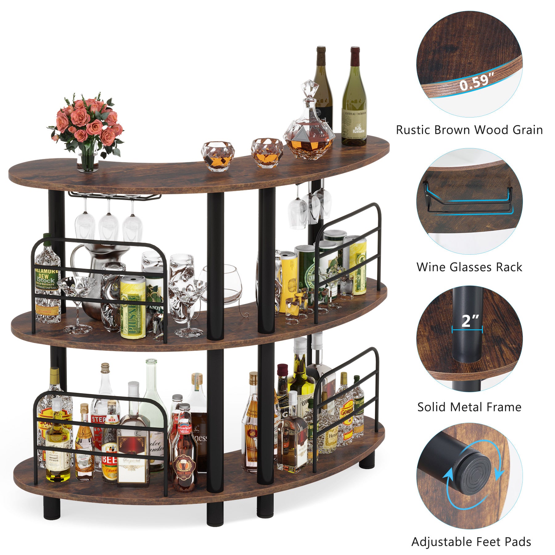 3-Tier Bar Unit, Liquor Bar Cabinet with Storage Shelves