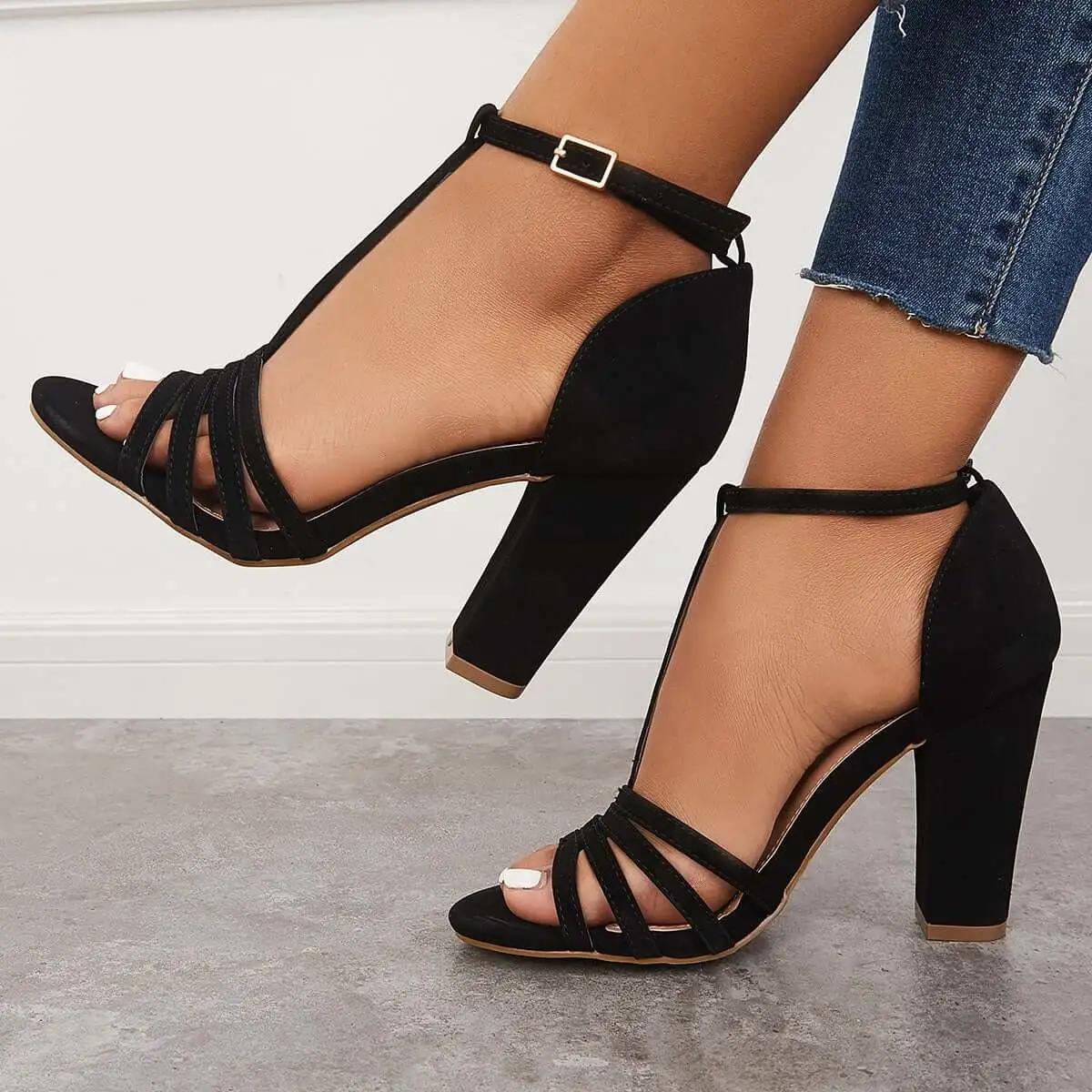 Block Chunky High Dress Heels Open Toe Ankle T-Strap Sandals