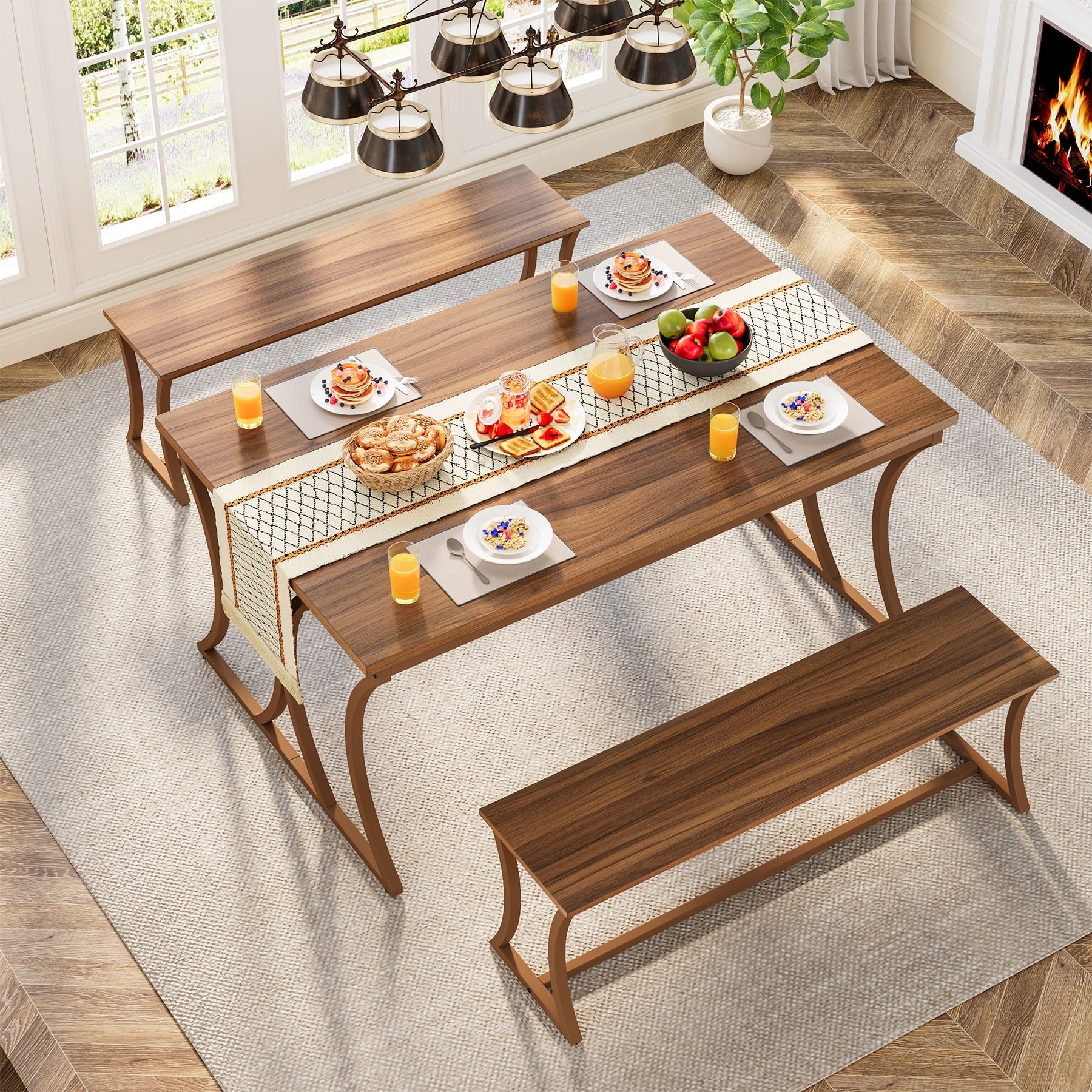 4-Piece 51-Inch Dining Table Set with 2 Benches & Table Runner