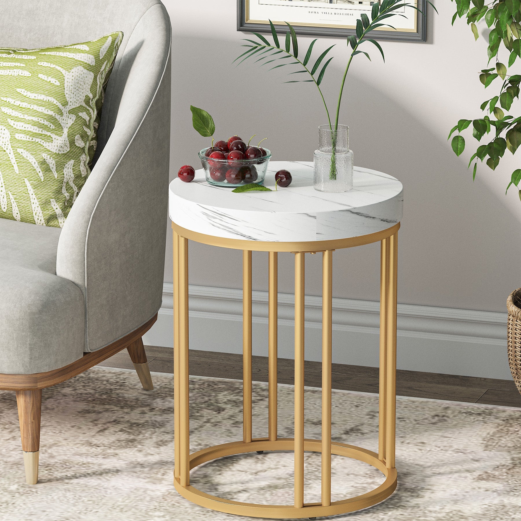 Round End Table, Small Accent Side Table with Metal Frame