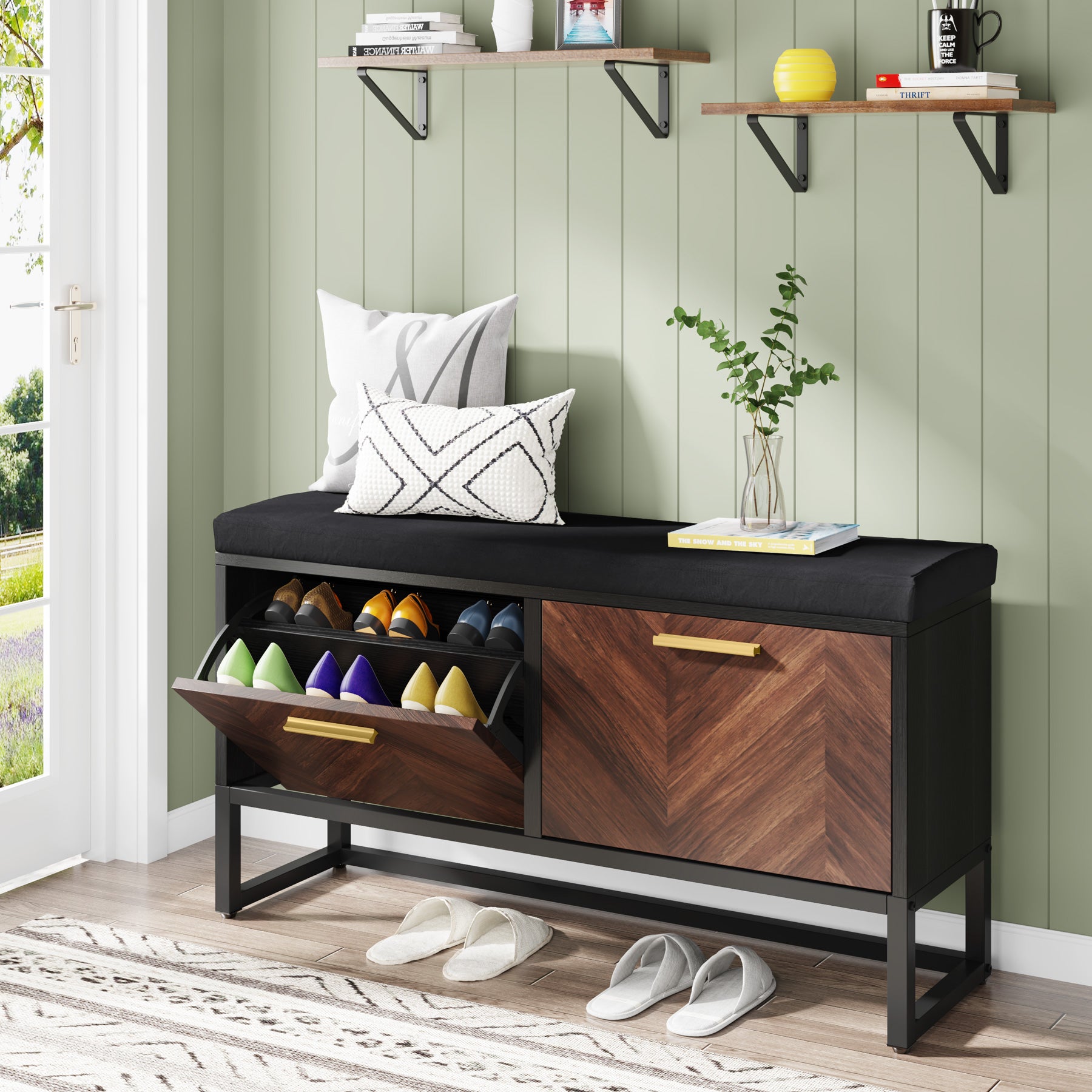 Entryway Shoe Storage Bench, Hallway Shoe Organizer with 2 Flip Drawers