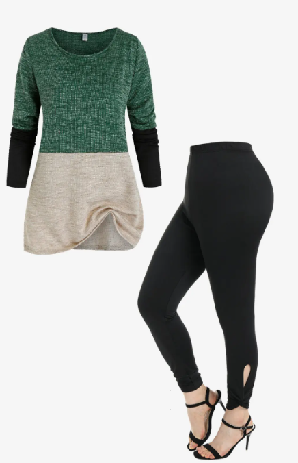 Contrast Color-blocking Long Sleeve Sweater and High Rise Cutout Twist Leggings Plus Size Outerwear Outfit