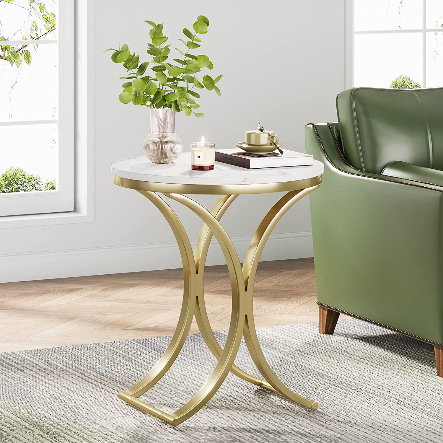 Round End Table Sofa Side Table Small Coffee Table with Metal Frame