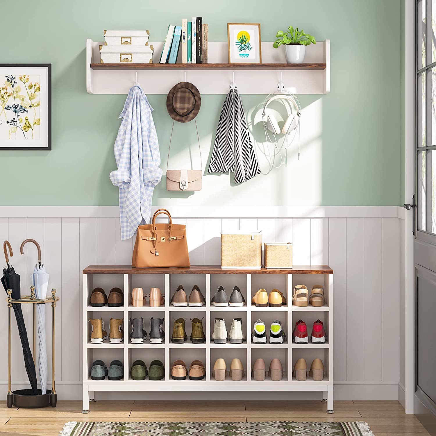 Coat Rack Shoe Bench Set, Hall Tree with Bench and 18 Shoe Cubbies