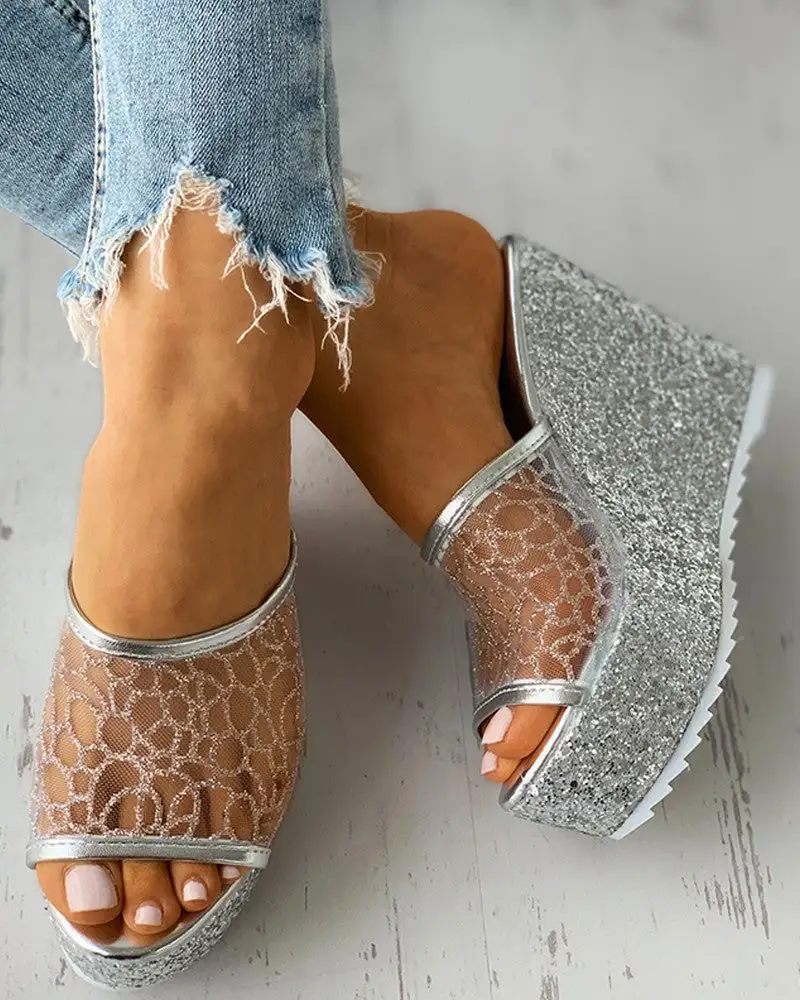 Peep Toe Mesh Glitter Sequins Wedge Shoes