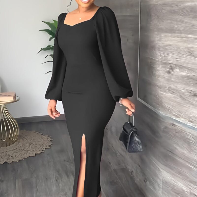 Long Sleeve Square Neck Slit Maxi Dresses