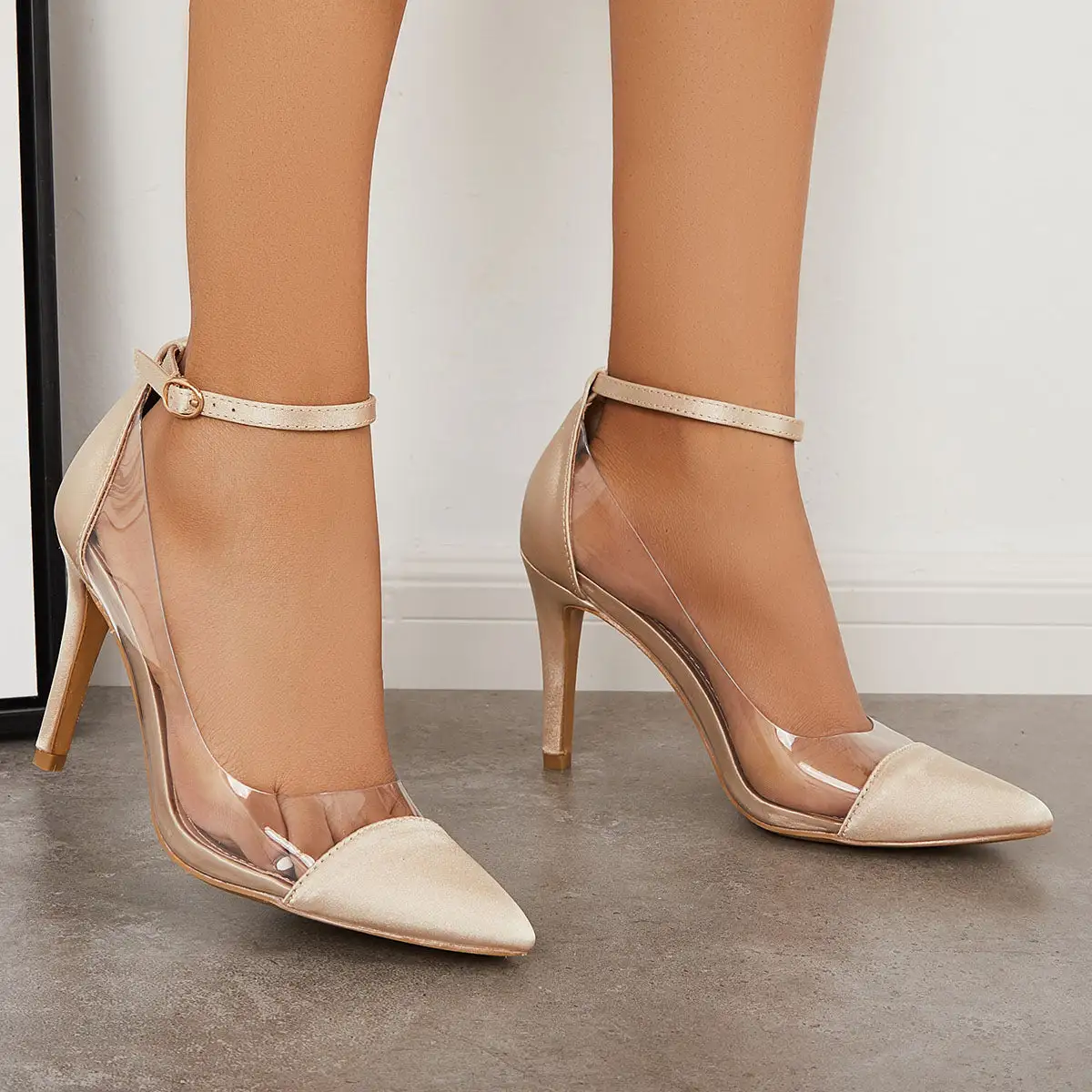 Clear High Heels Pointed Toe Stiletto Ankle Strap Dress Pumps