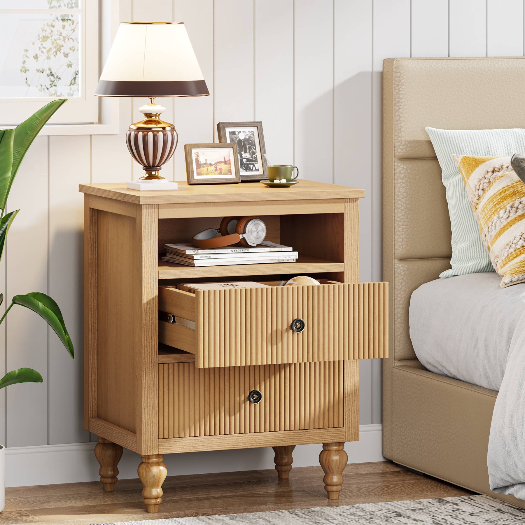 Wood Nightstand, 2 Drawers Sofa Side Table with Open Storage Space