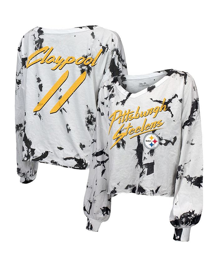 Women's Threads Chase Claypool White Pittsburgh Steelers Off-Shoulder Tie-Dye Name and Number Long Sleeve V-Neck Crop-Top T-shirt