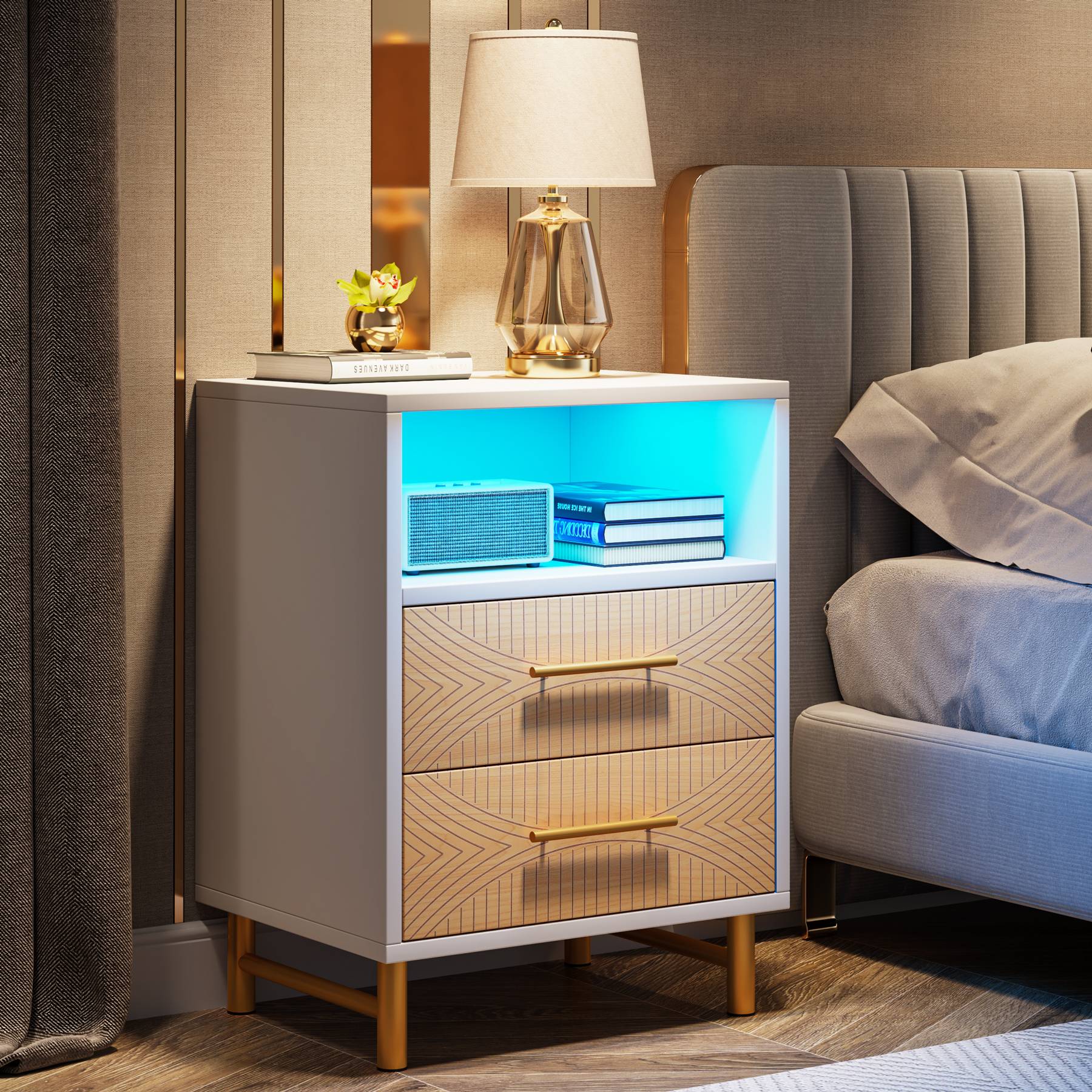 2-Drawer Nightstand, LED Bedside Table with Open Storage