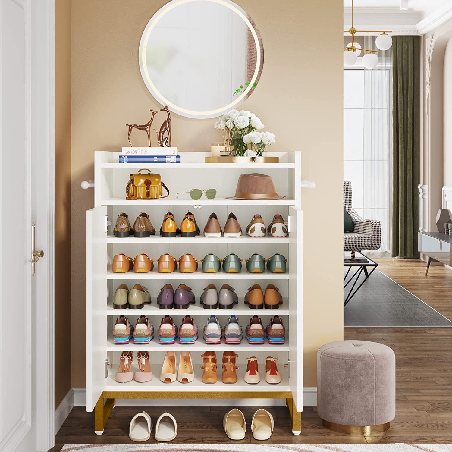 Modern Shoe Cabinet, Freestanding Shoe Organizer with Open Shelves & Hooks