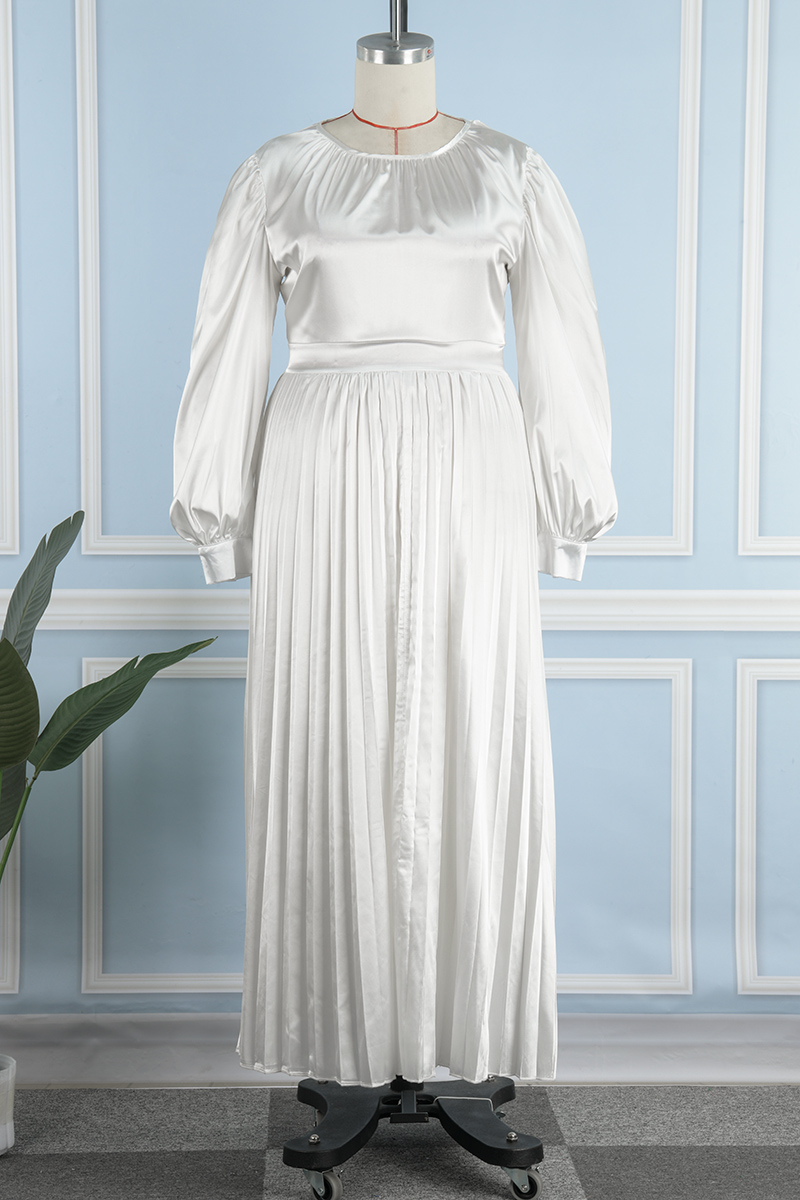 5XL Green Casual Solid Patchwork Fold O Neck Pleated Plus Size Dresses