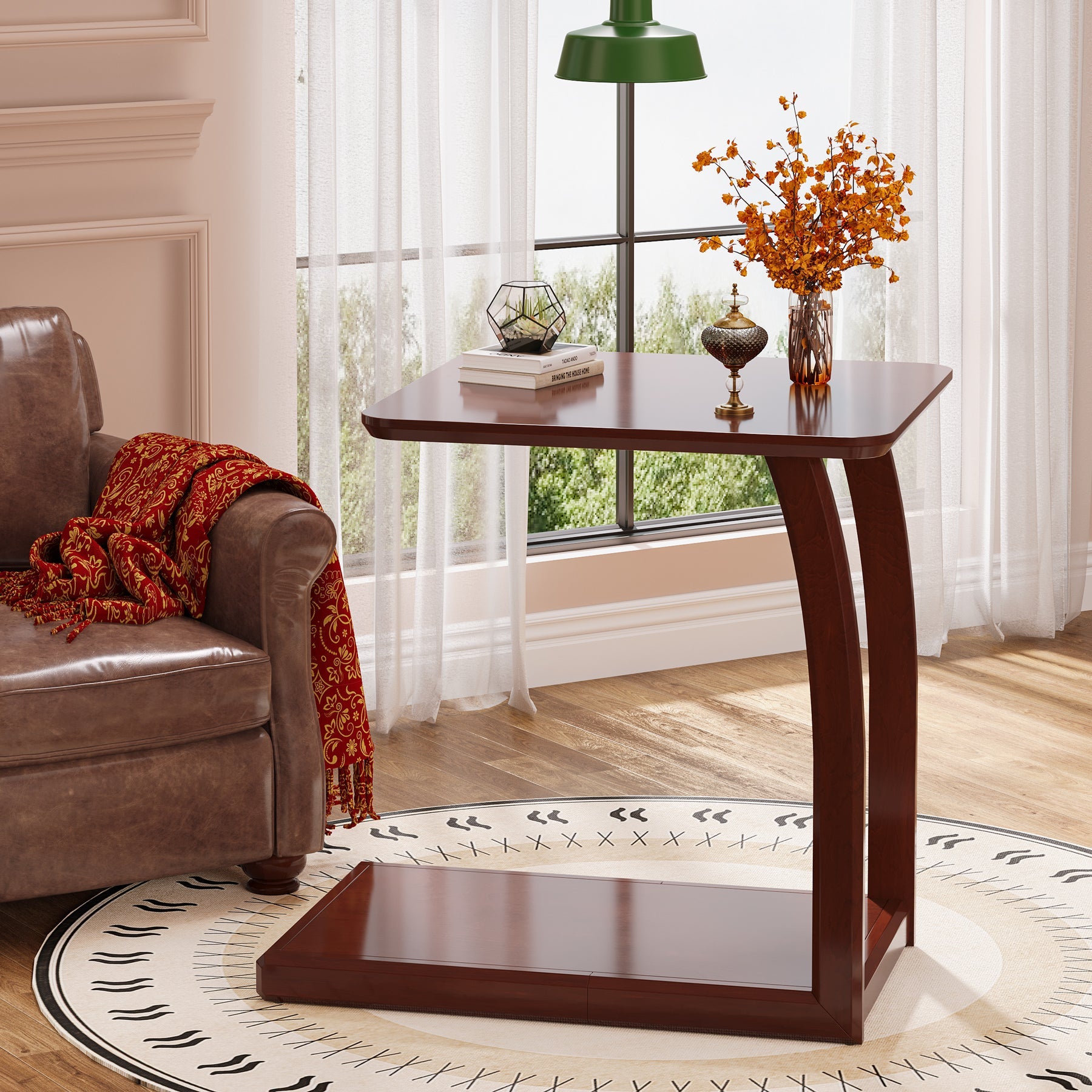 C-Shaped End Table, 2-Tier Rectangular Side Table with Solid Wood