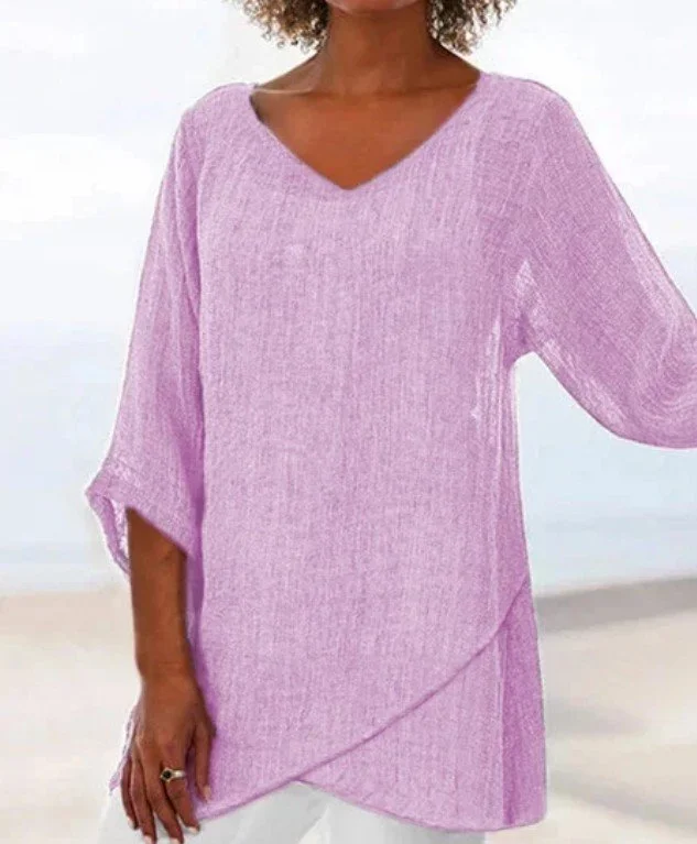 Women's Cotton Linen Fashion Simple Solid Color Irregular Hem V-neck Long Sleeve Top