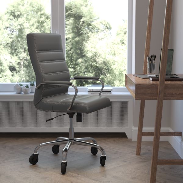 Whitney High Back Gray LeatherSoft Executive Swivel Office Chair with Chrome Frame， Arms， and Transparent Roller Wheels