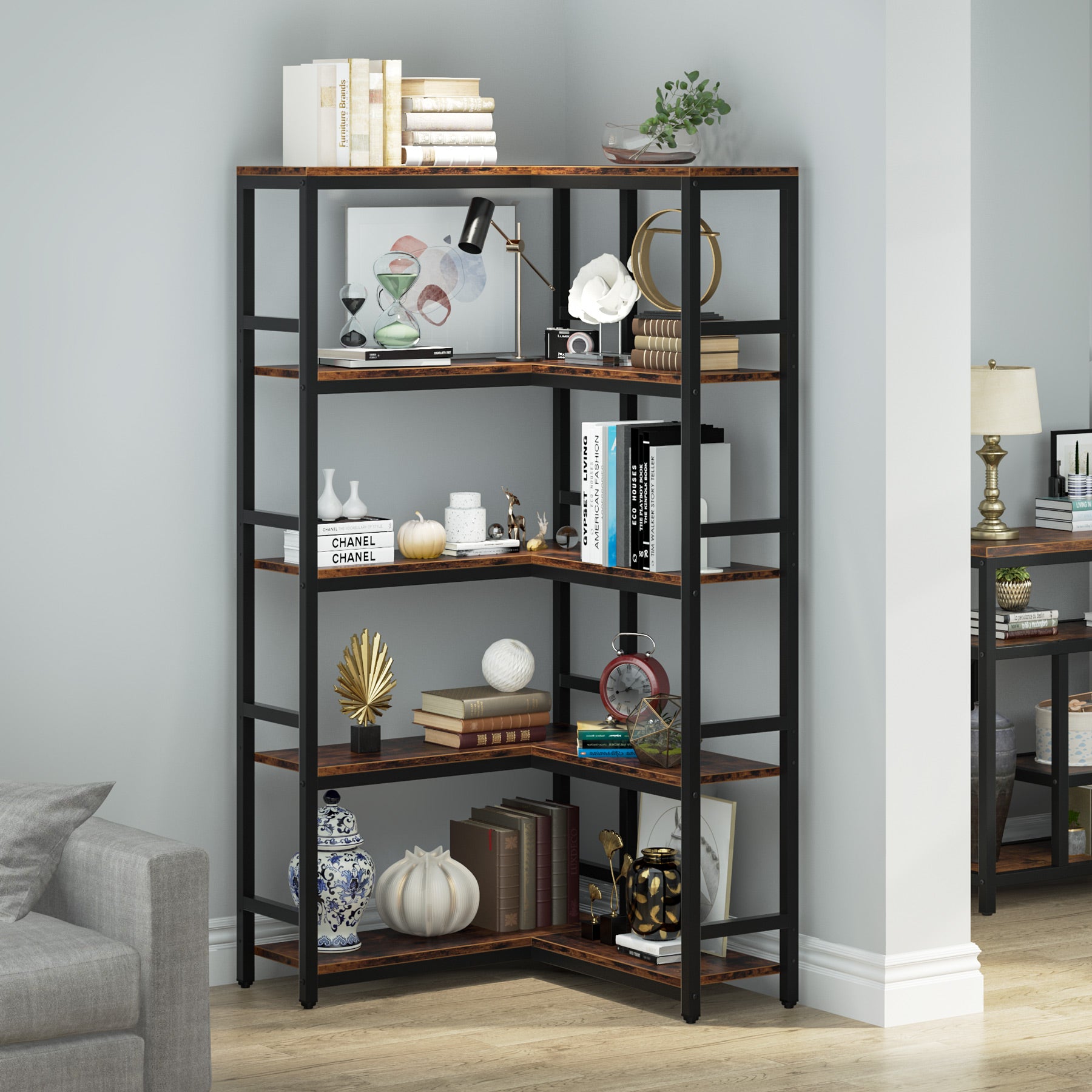 Industrial Corner Bookshelf, 5-Tier/7-Tier Bookcase Etagere Display Rack