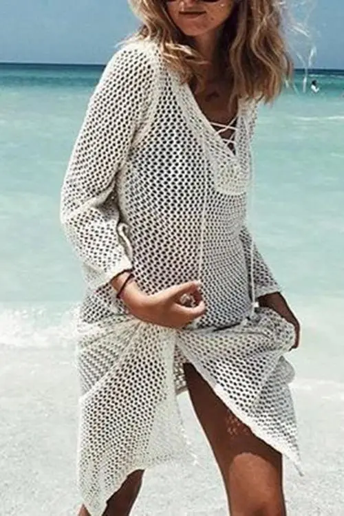 V Neck Hollow Bandage Tassel Cover UP
