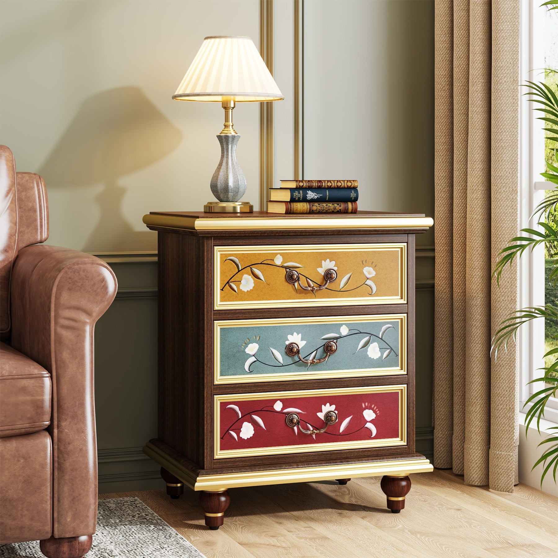 Vintage Nightstand, Side Table with 3 Storage Drawers