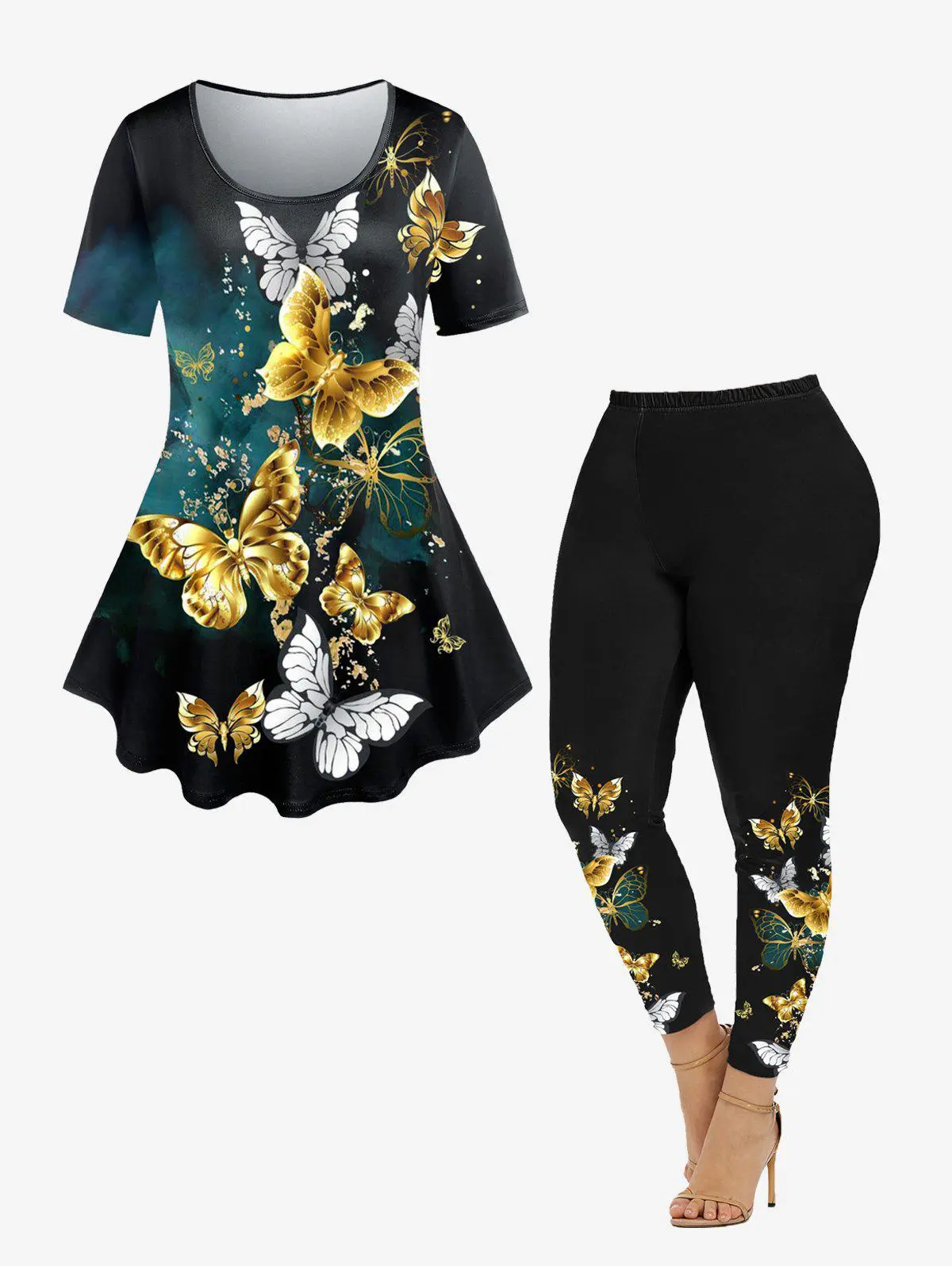 Butterfly Print Tee and Leggings Plus Size Summer Outfit