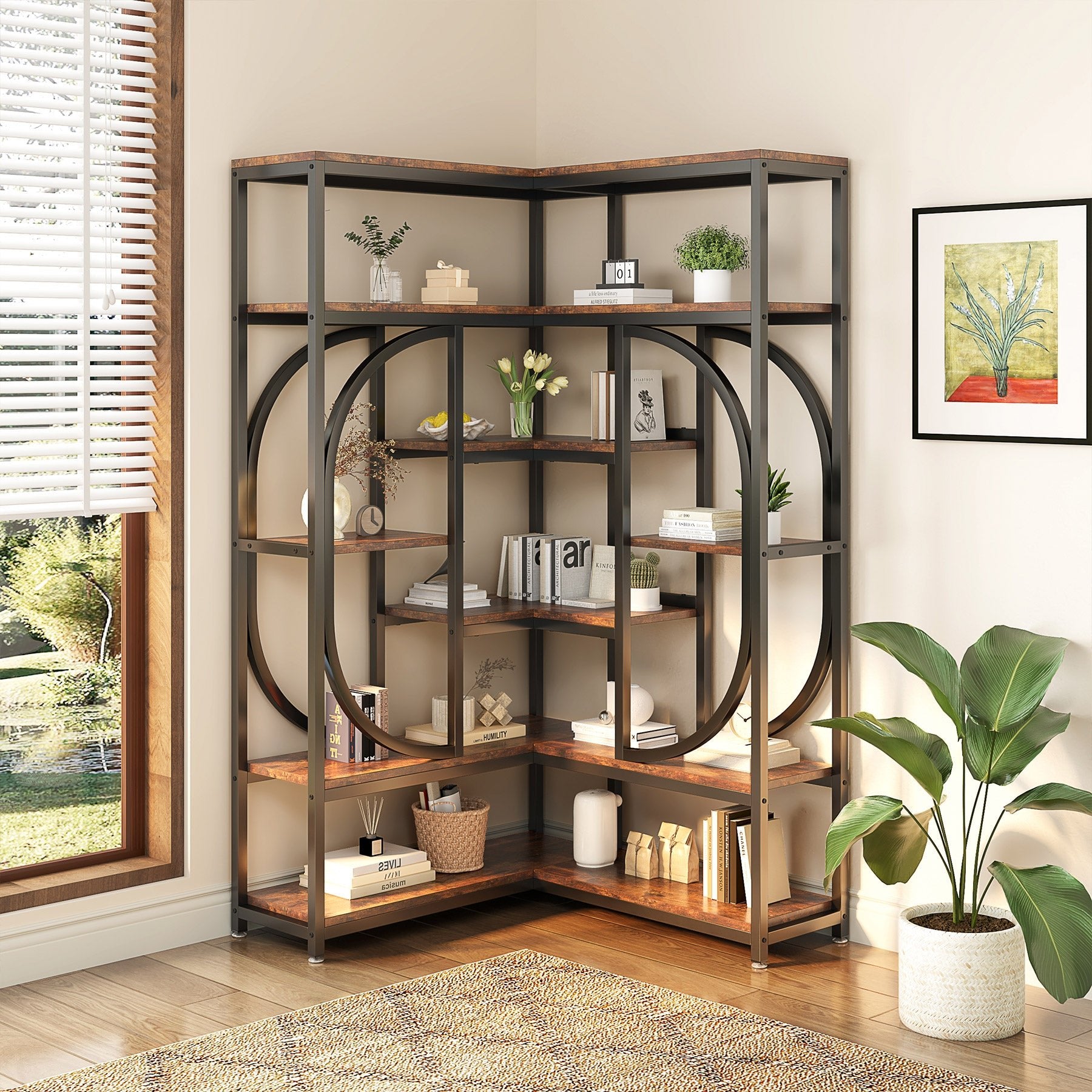 7-Shelf Corner Bookshelf, L-Shaped Bookcase Display Rack