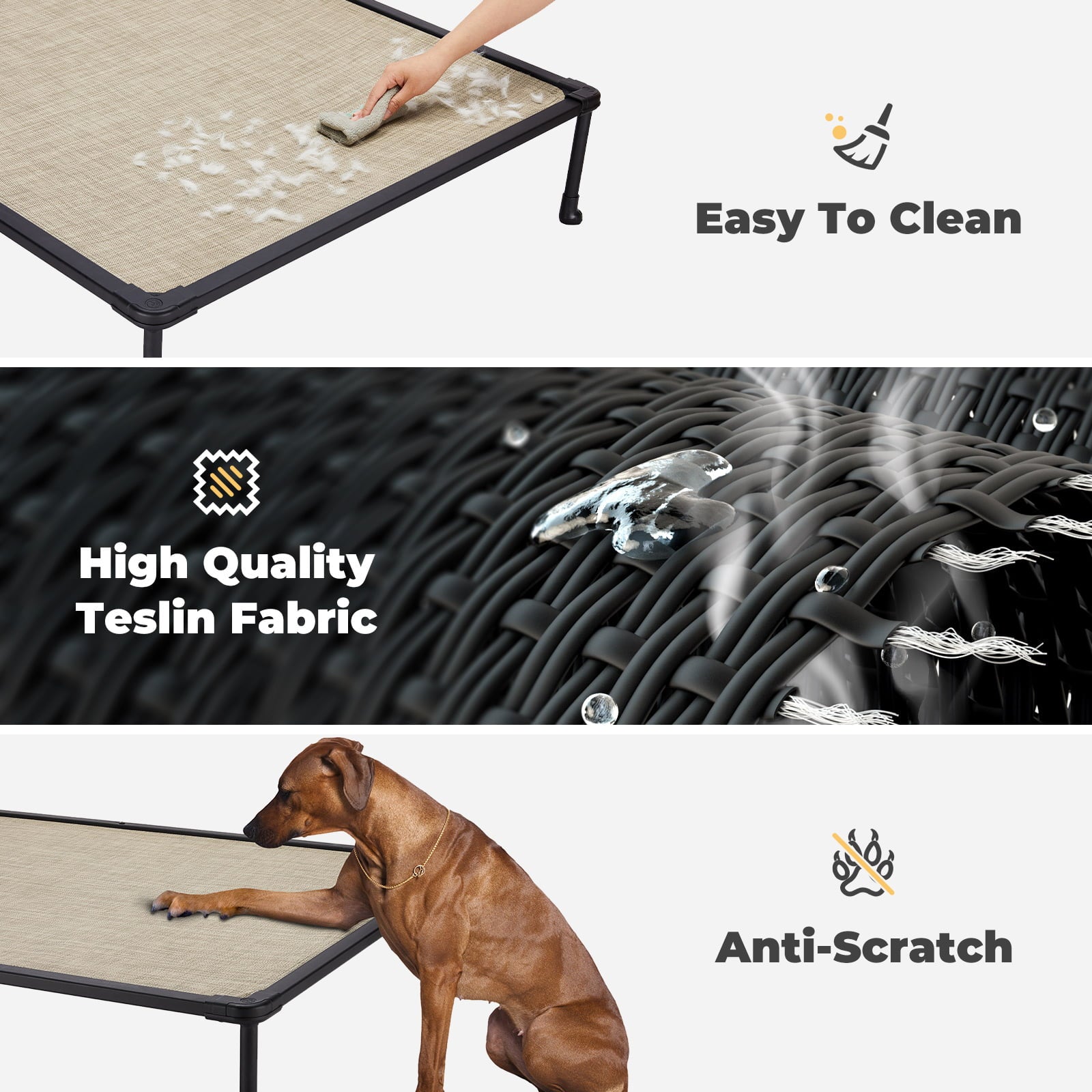 Veehoo Chewproof Dog Bed， Cooling Raised Dog Cots with Black Metal Frame， X Large， Beige Coffee