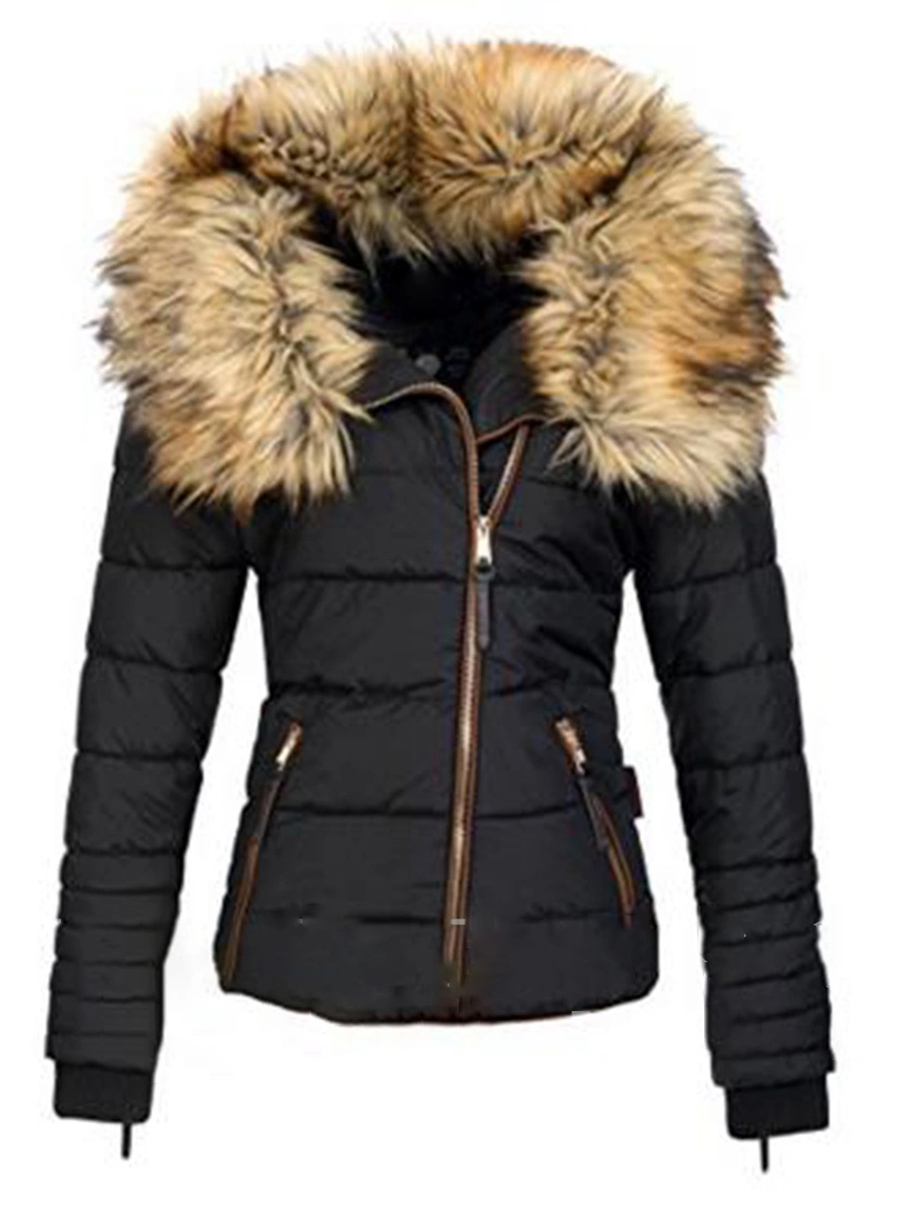 Faux fur collar zipper patchwork women's coat/black