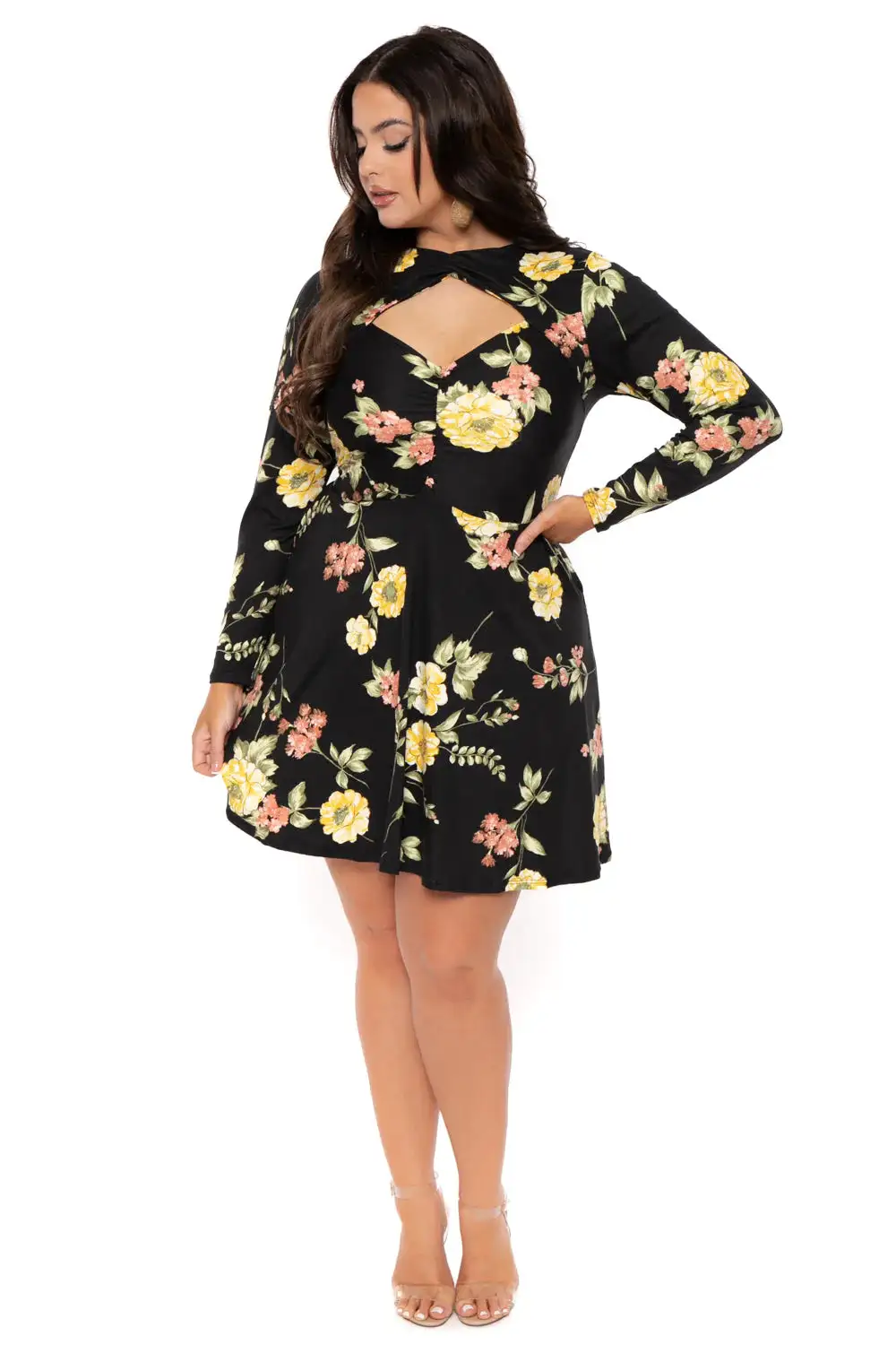 Plus Size Floral Amry Flare Cutout Dress - Black