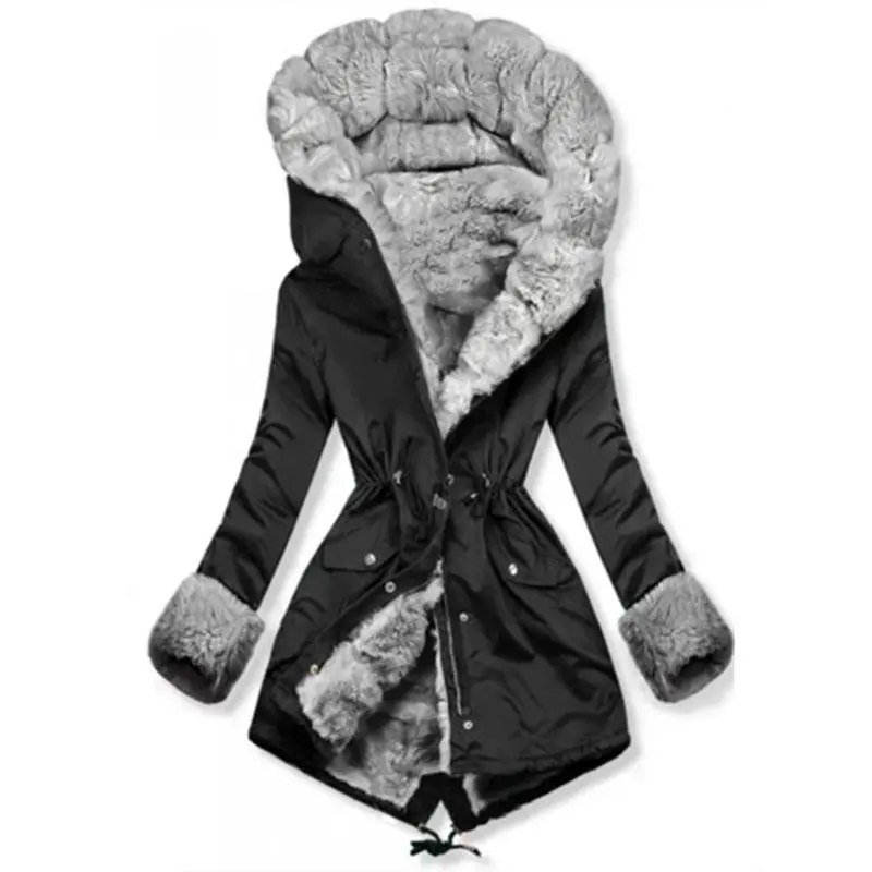 Grey Faux Fur Hooded Warm Coat
