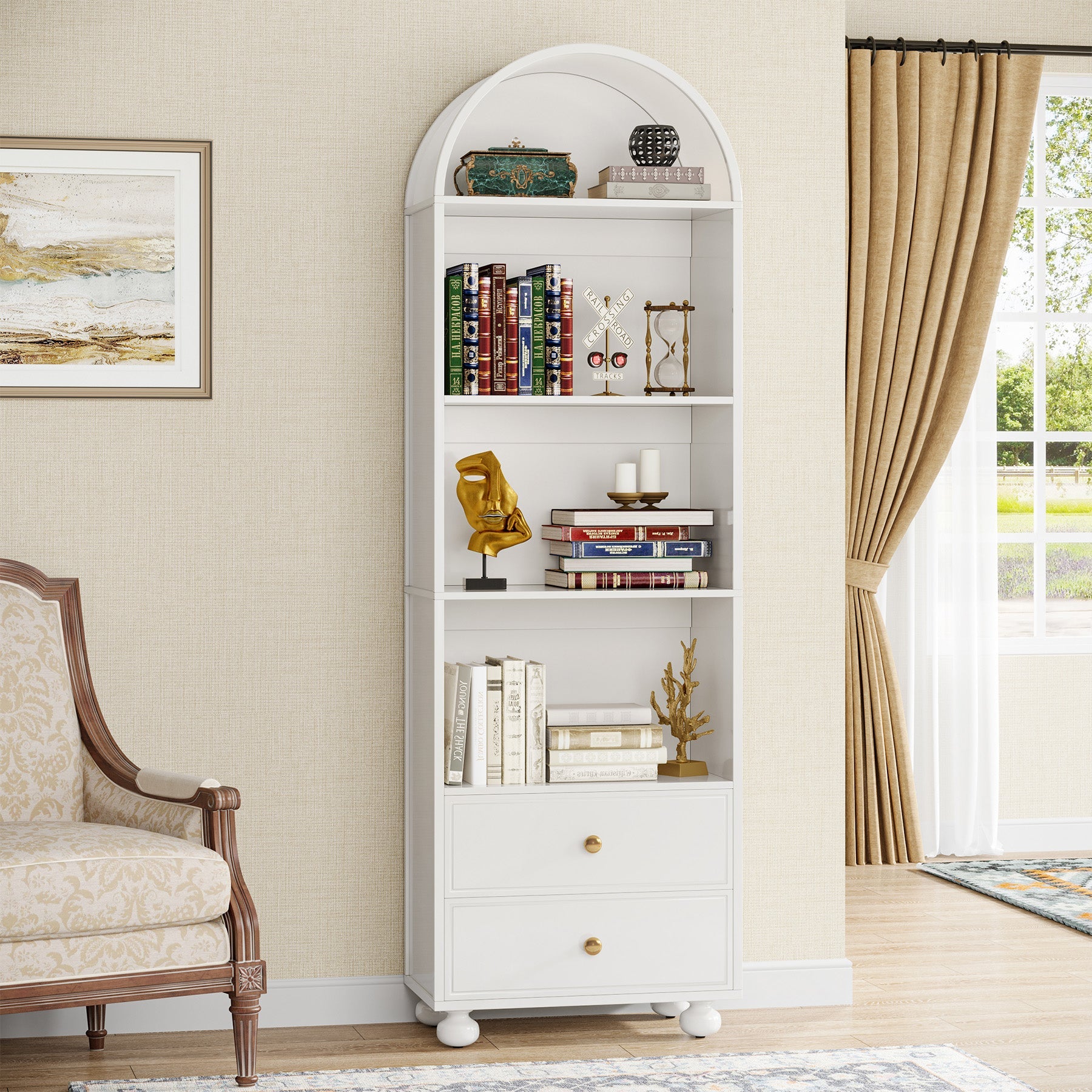 Wooden Bookcase, Arched Bookshelf with 2 Drawers and 4 Shelves