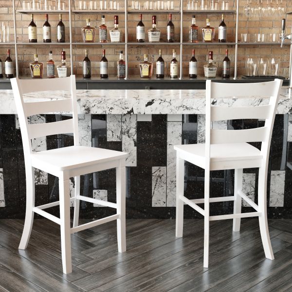 Liesel Set of 2 Commercial Grade Wooden Classic Ladderback Counter Height Barstool with Solid Wood Seat， Antique White Wash