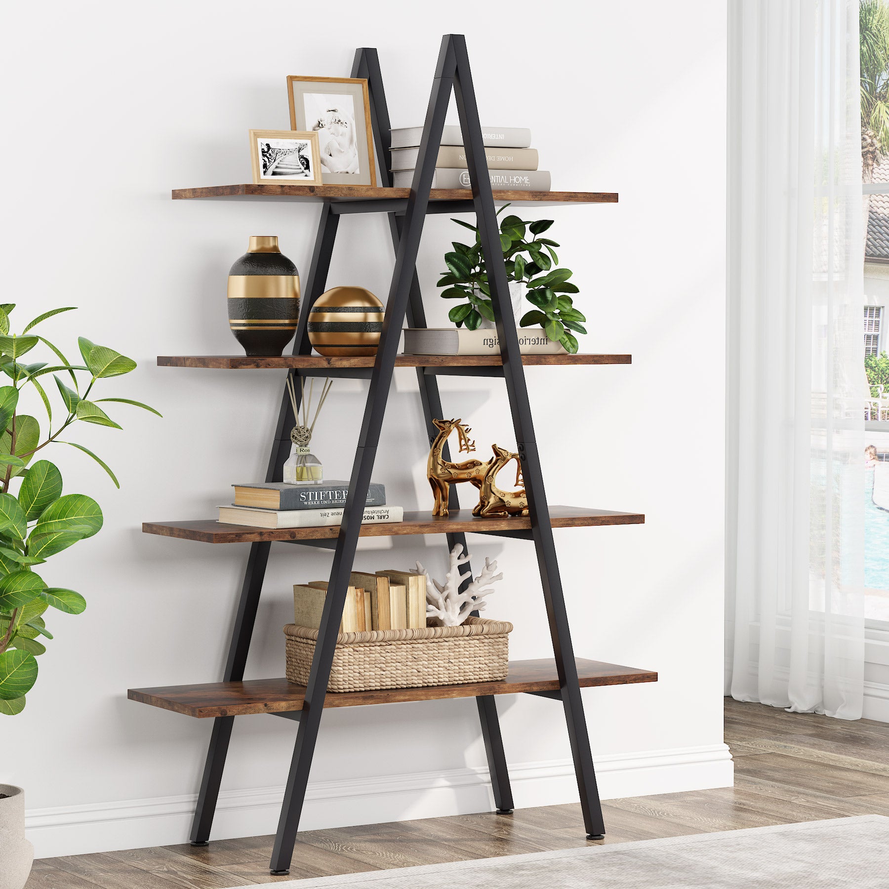 4-Tier Bookshelf, A-Shaped Bookcase Industrial Ladder Display Shelf