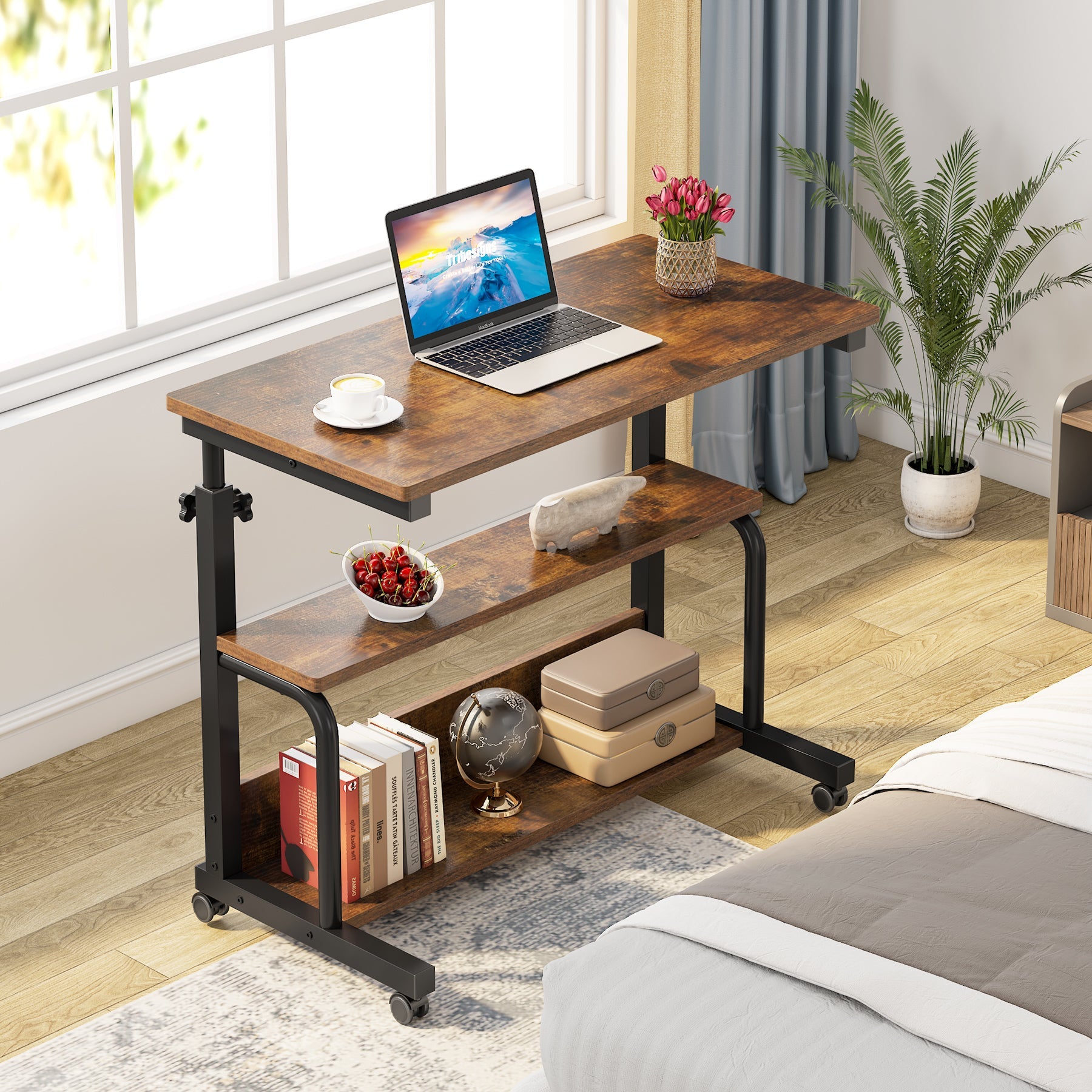 Mobile C Table, Height Adjustable Bedside Sofa Table with Shelves