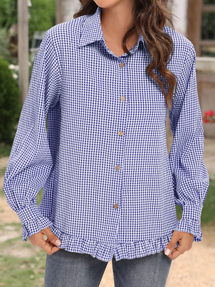 Cotton And Linen Ruffled Plaid Lapel Long-sleeved Blouse