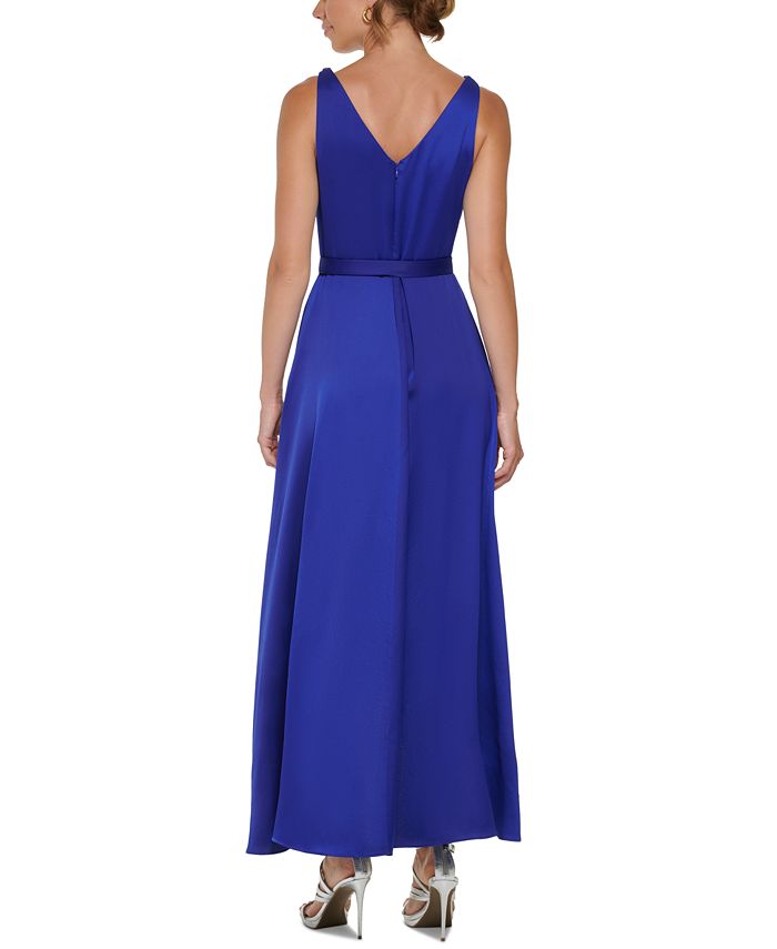 Women's Satin V-Neck Belted Faux-Wrap Gown