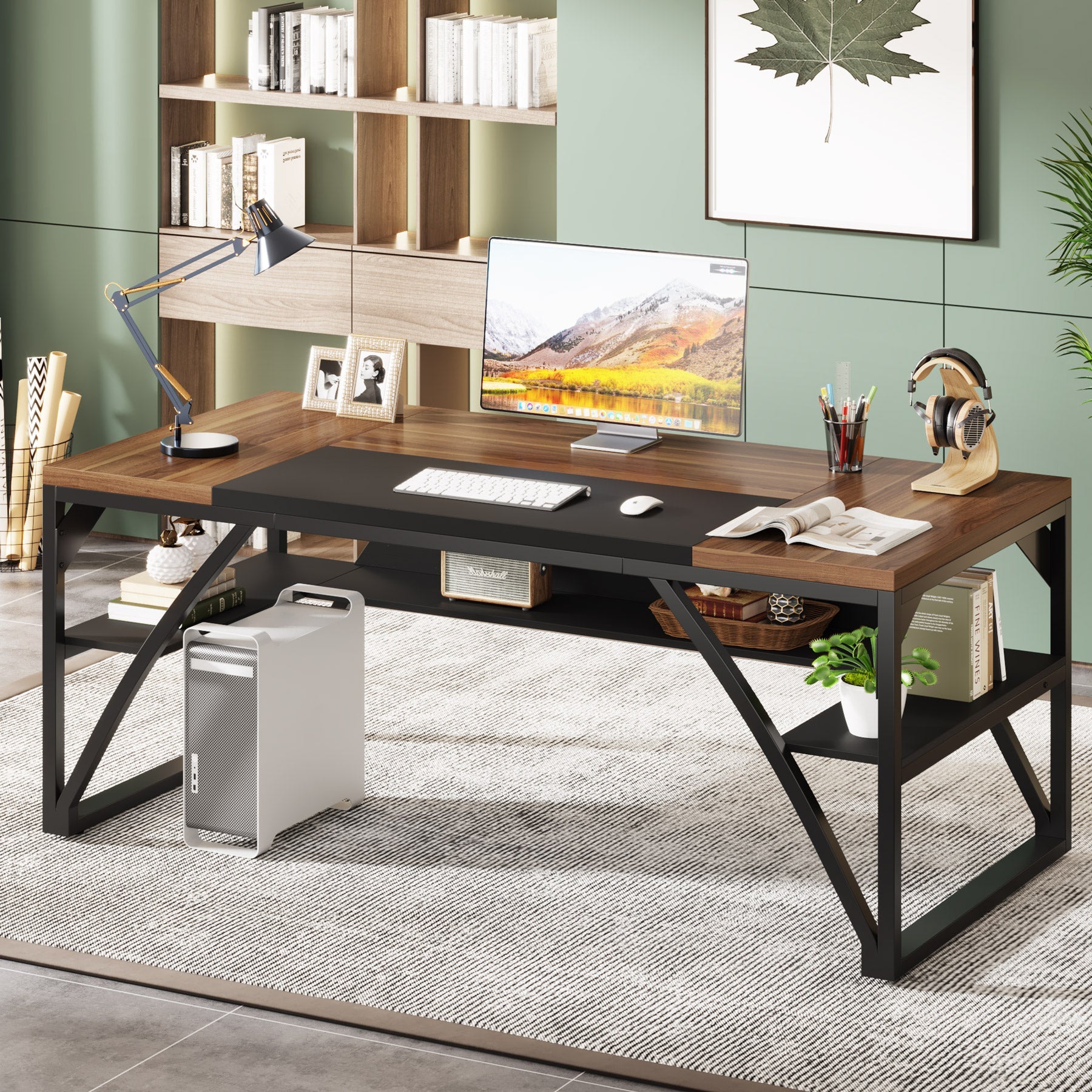 63-Inch Executive Desk, Modern Computer Desk with Storage Shelves