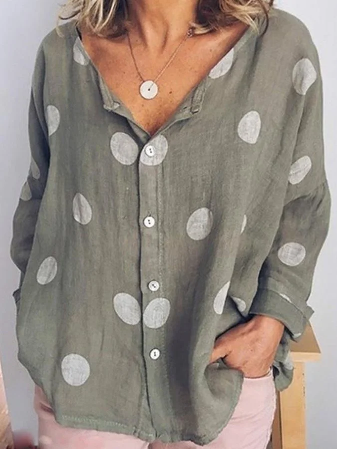 Ladies Cotton Linen Polka Dot Fashion V Neck Long Sleeve Printed Shirt