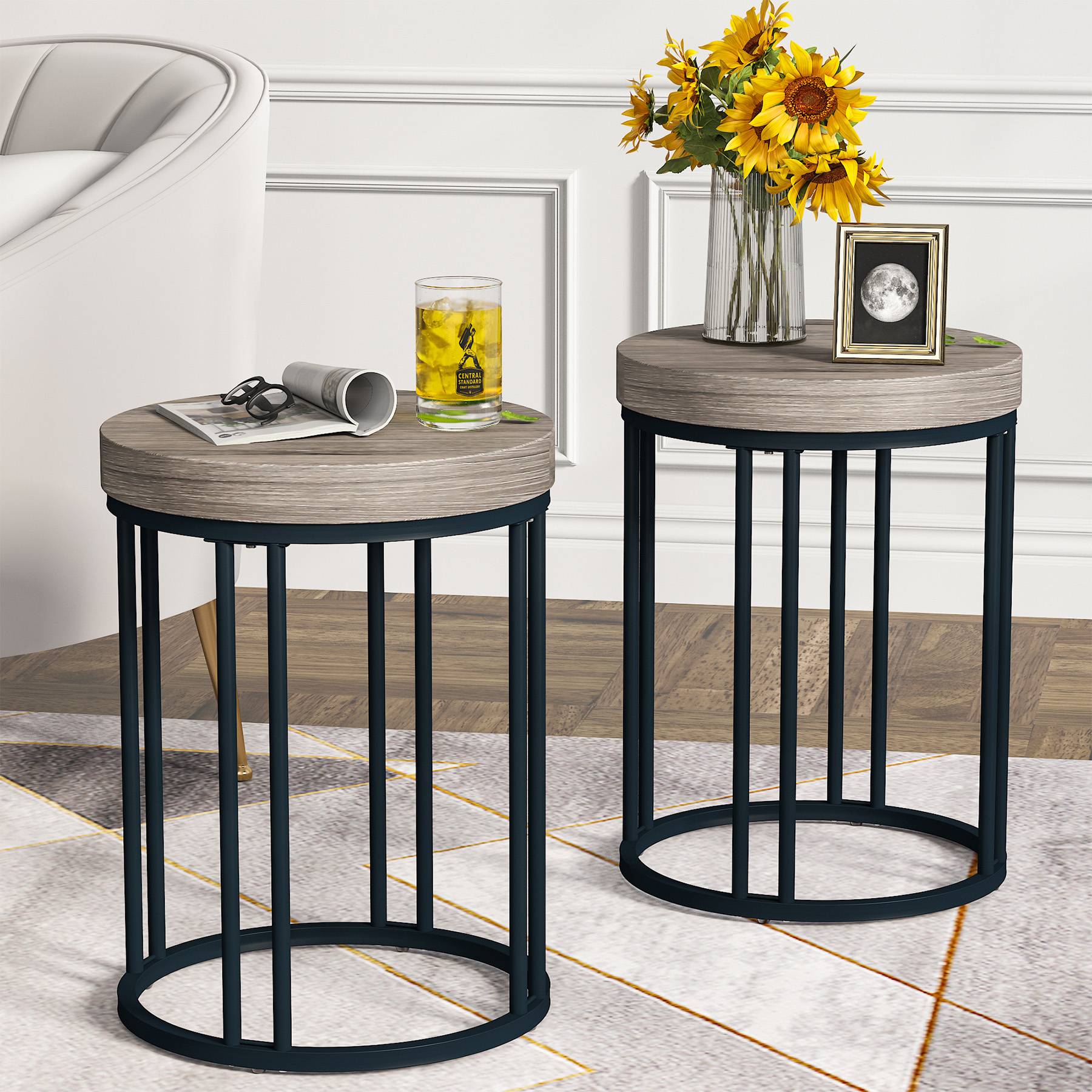 Round End Table, Small Accent Side Table with Metal Frame