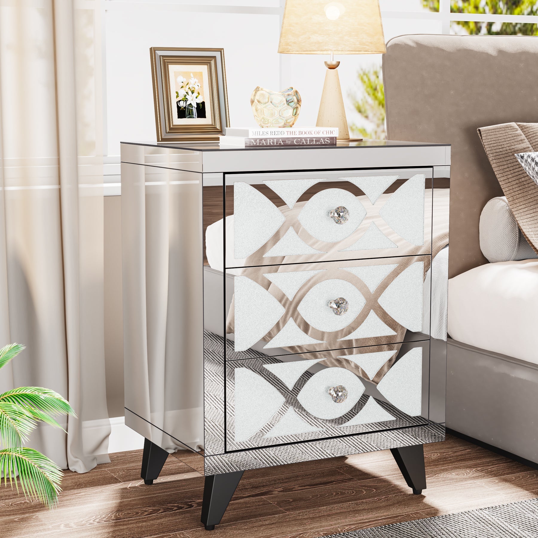 Mirrored Nightstand with 3 Drawers, Modern Bedside Table for Bedroom