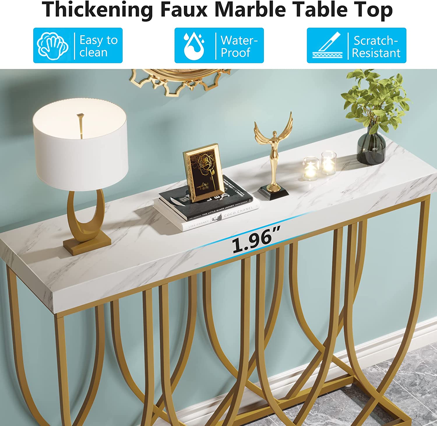 Faux Marble Console Table, 39.4” Sofa Table with Geometric Metal Legs