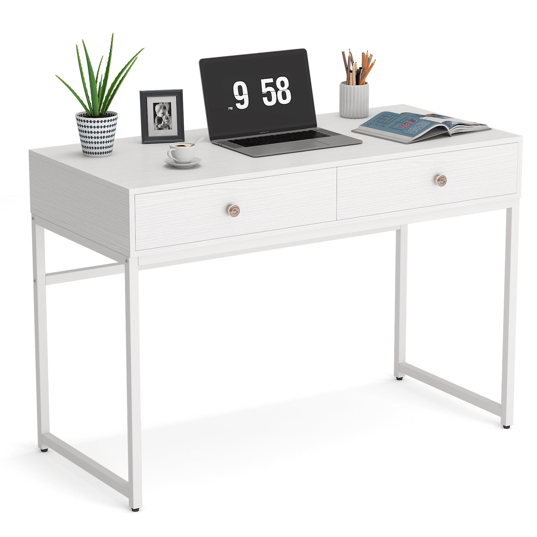 Modern Computer Desk with 2 Drawers, 47“ Simple Study Writing Desk