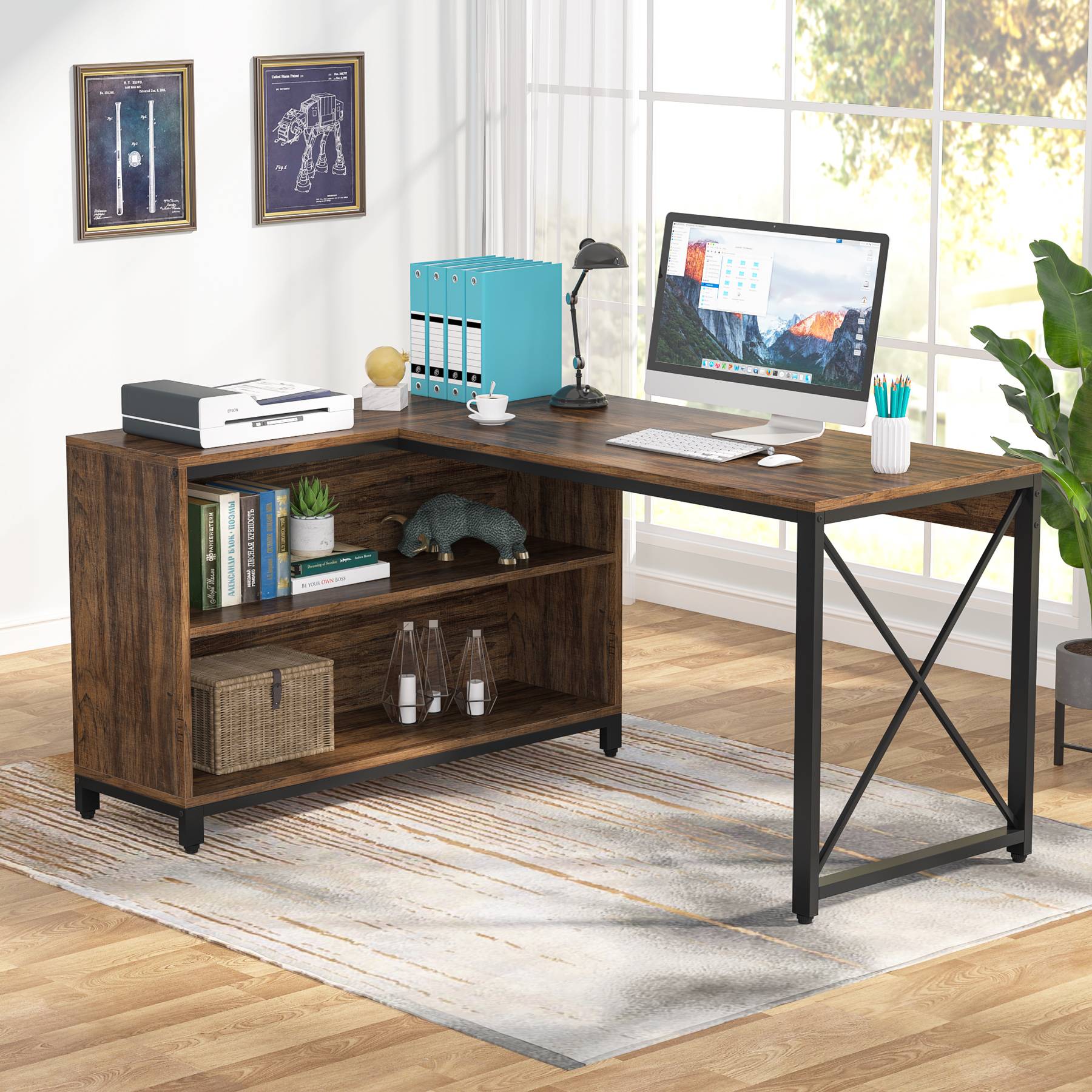 Reversible L-Shaped Desk, Corner Computer Desk with Shelves